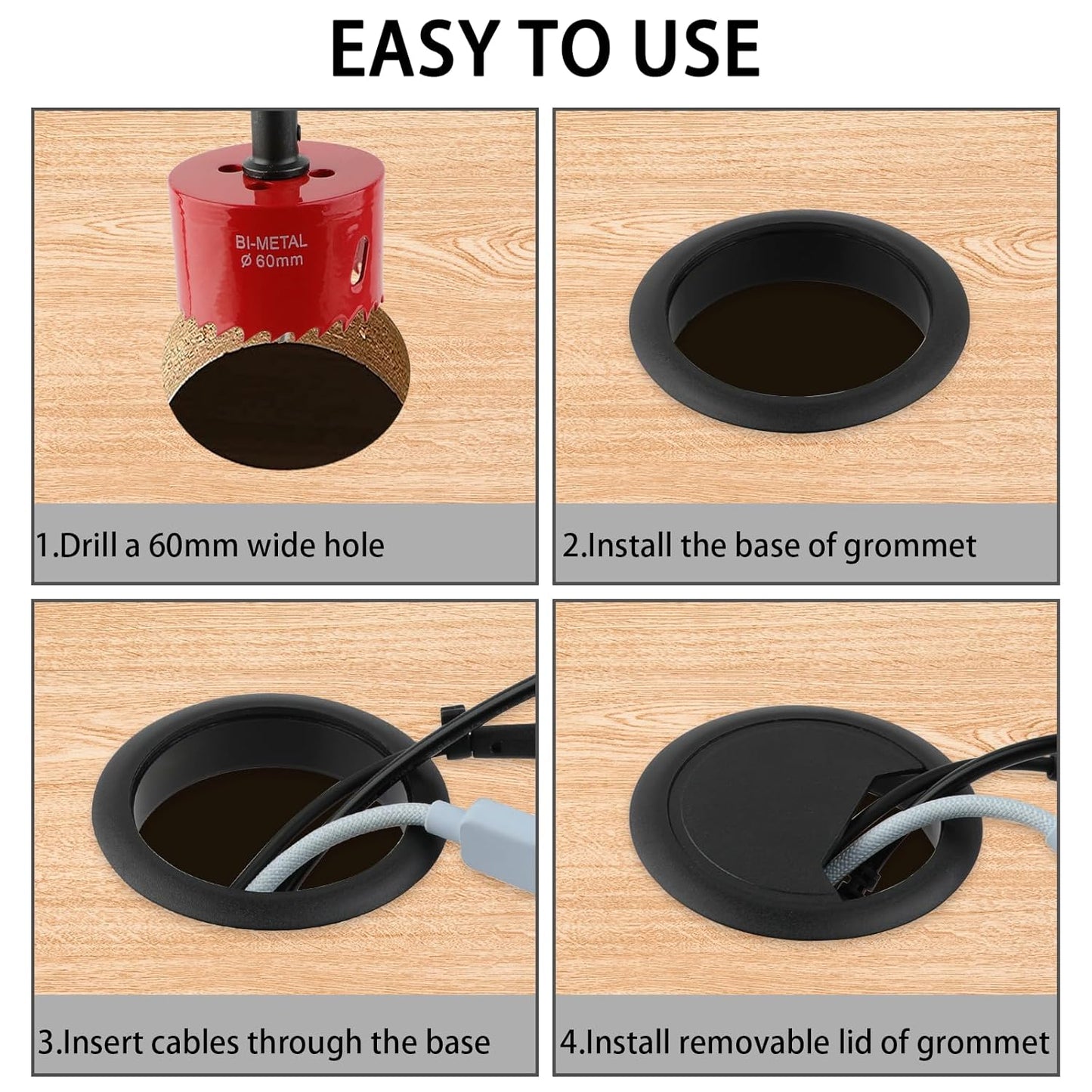 2-3/8 Inch(60mm) Desk Grommet,13 Pieces Wire Grommet, Desk Hole Cover for Cables with Hole Saw,Plastic Cable Cord Wire Hole Cover for Desk, Table,Cabinet,Countertop and Other Furniture(Black)