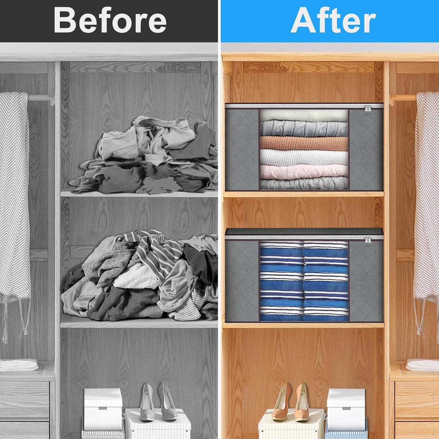 Budding Joy Clothes Storage, Foldable Large Blanket Bags, Storages and Organization for Clothing, Blanket, Comforter, Clothes, Pillows, Toys, Closet Organizers with Enhanced Handle, 60L 12 Pack