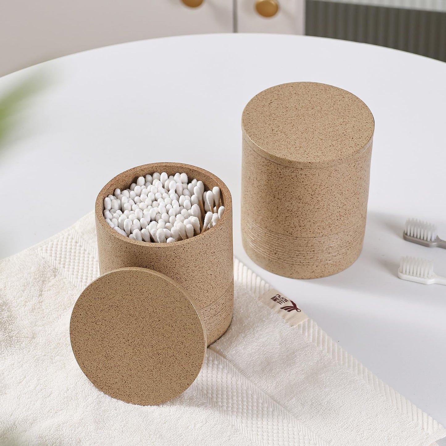 Bathroom Accessories Set, 6 PCS Modern Rustic Resin Bathroom Organizer Set, Toothbrush Holders Set, Soap Dispenser, Vanity Tray, Tumbler, Cotton Swab Jars (Dark Beige)