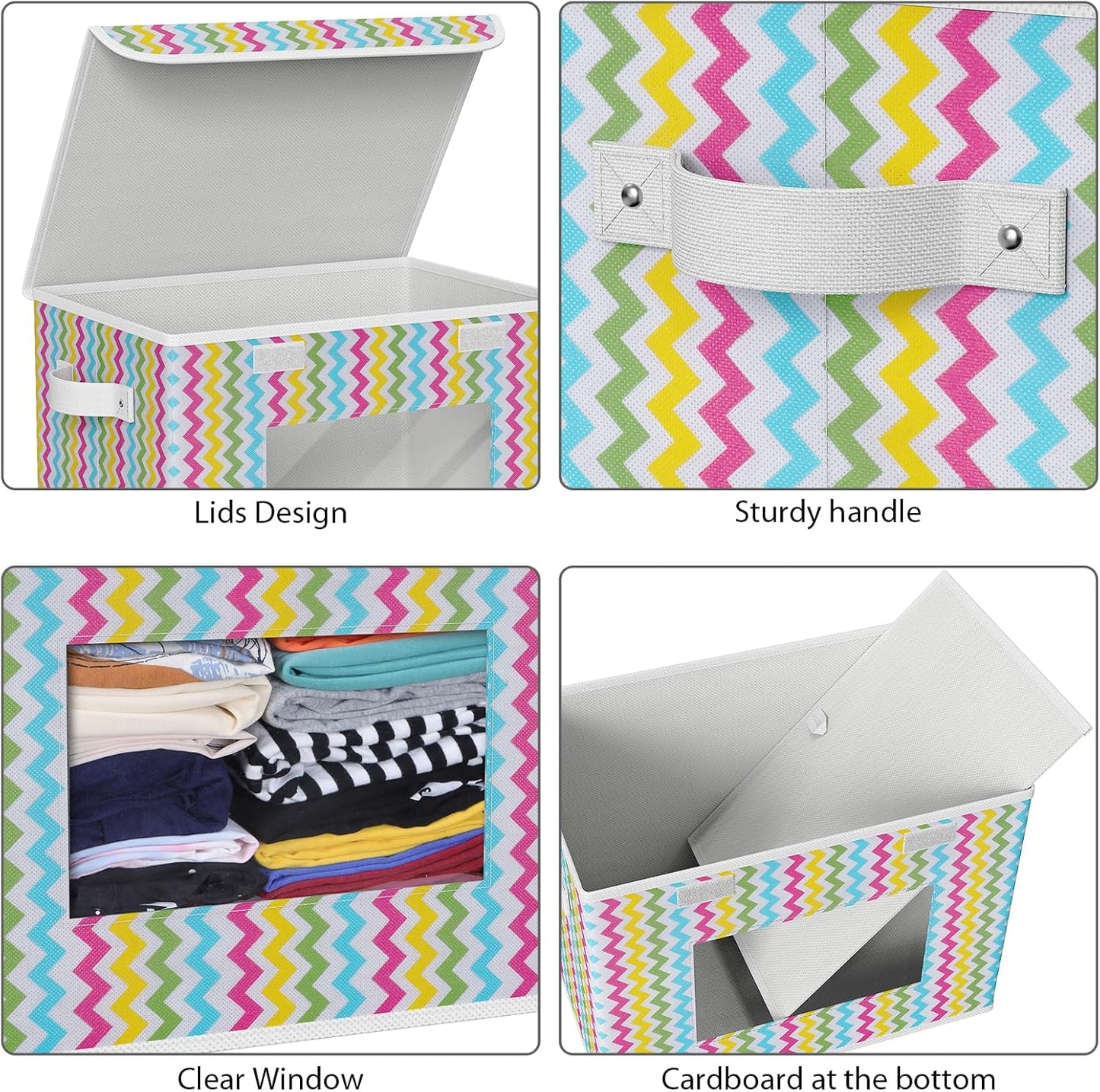 Univivi Fabric Foldable Storage Boxes [4-Pack] Large Collapsible Stackable Storage Bins with Lids, Closet Organizers and Storage Cube Basket for Home, Office, Bedroom (Colorful, 17”x 12” x 12”)