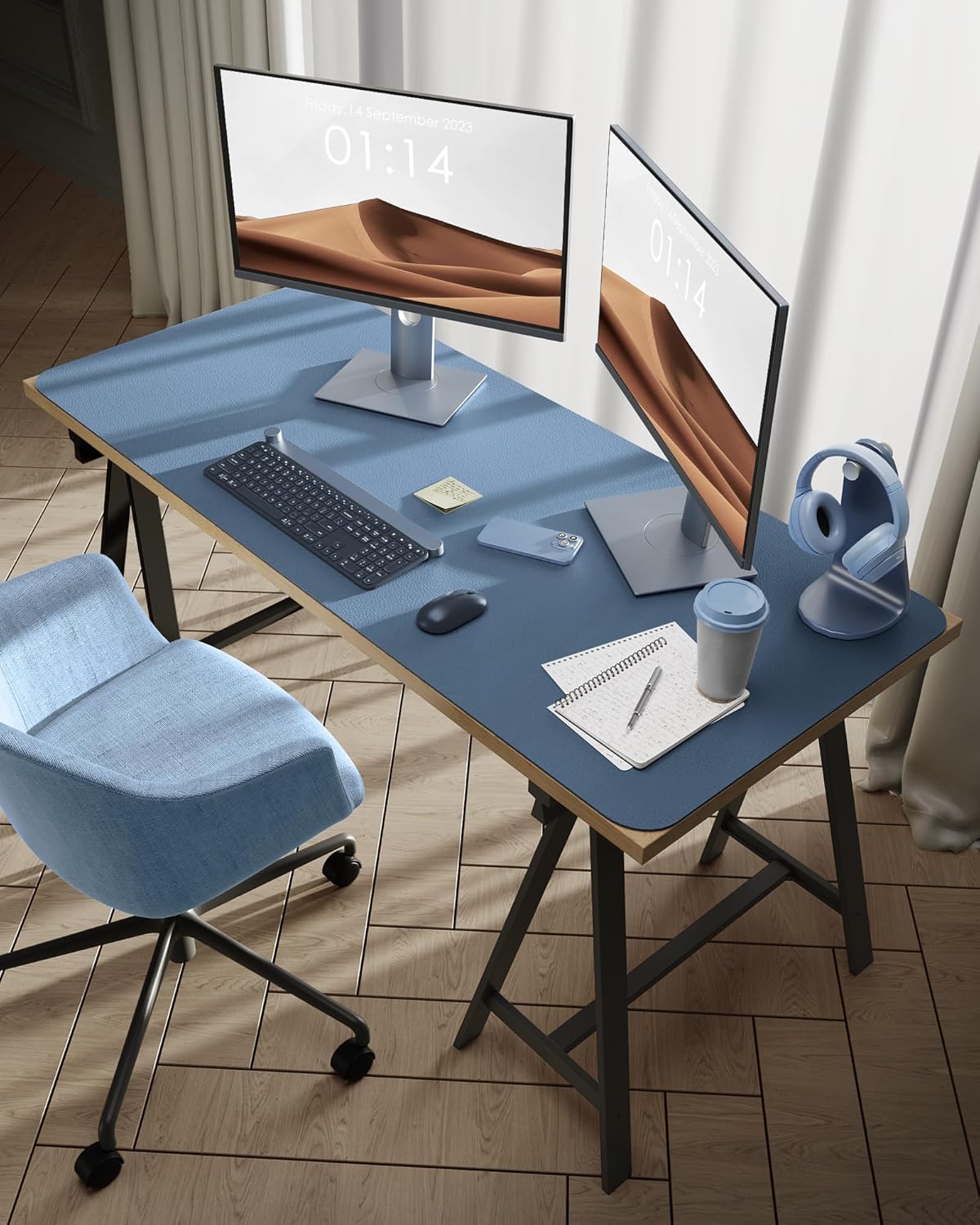 YSAGi Leather Desk Protector, Office Mat, Large Mouse Mat, Non-Slip PU Leather Blotter, Laptop Desk Pad, Waterproof Writing Pad for Office and Home (Blue, 47.2" x 23.6")