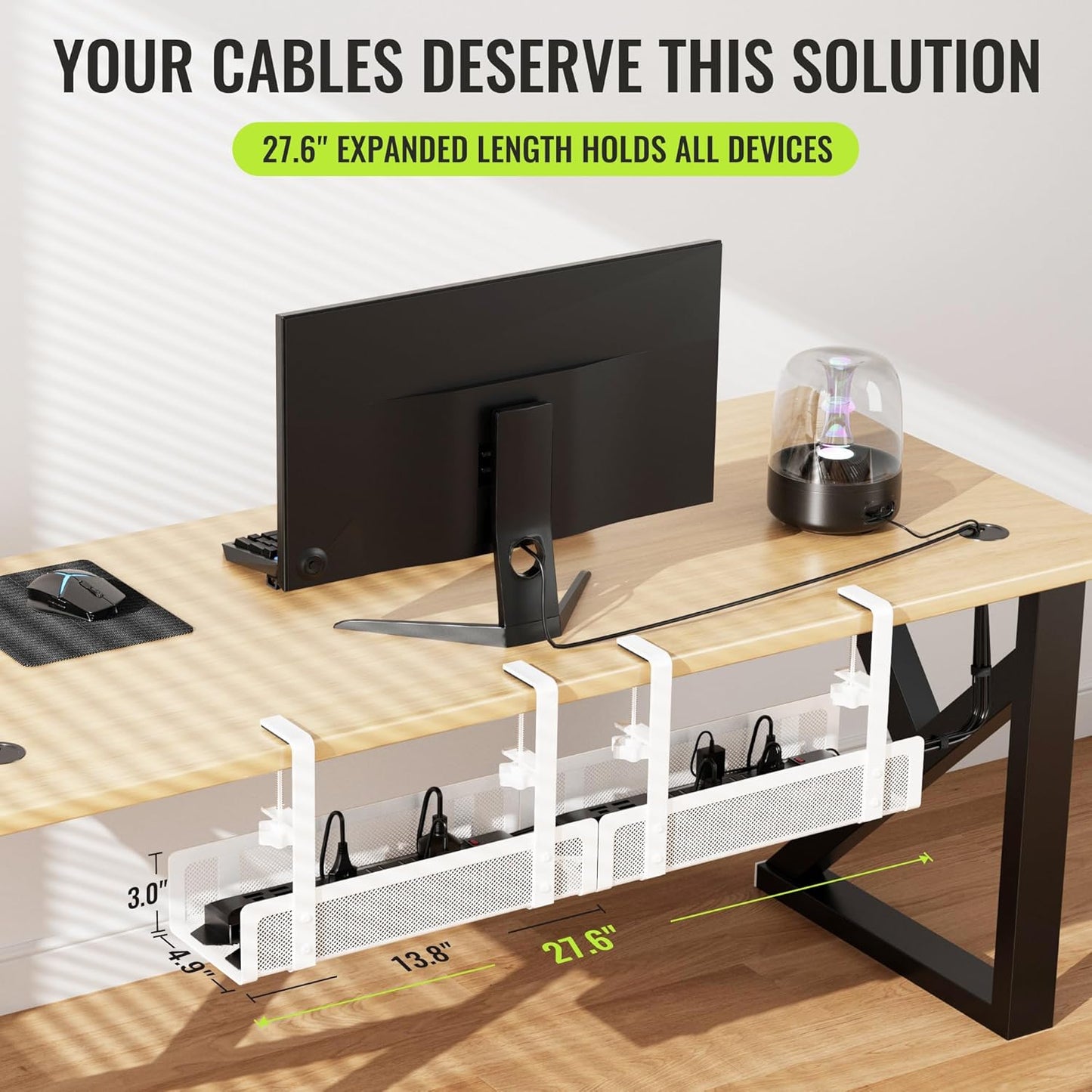 [Upgraded] 2 Pack Cable Management Under Desk Tray, Xpatee 27.6" No Drill Open Slots Cable Management Tray, Cord Wire Organizer Box with Clamp for Table Thickness up to 3" - No Desk Damage(White)