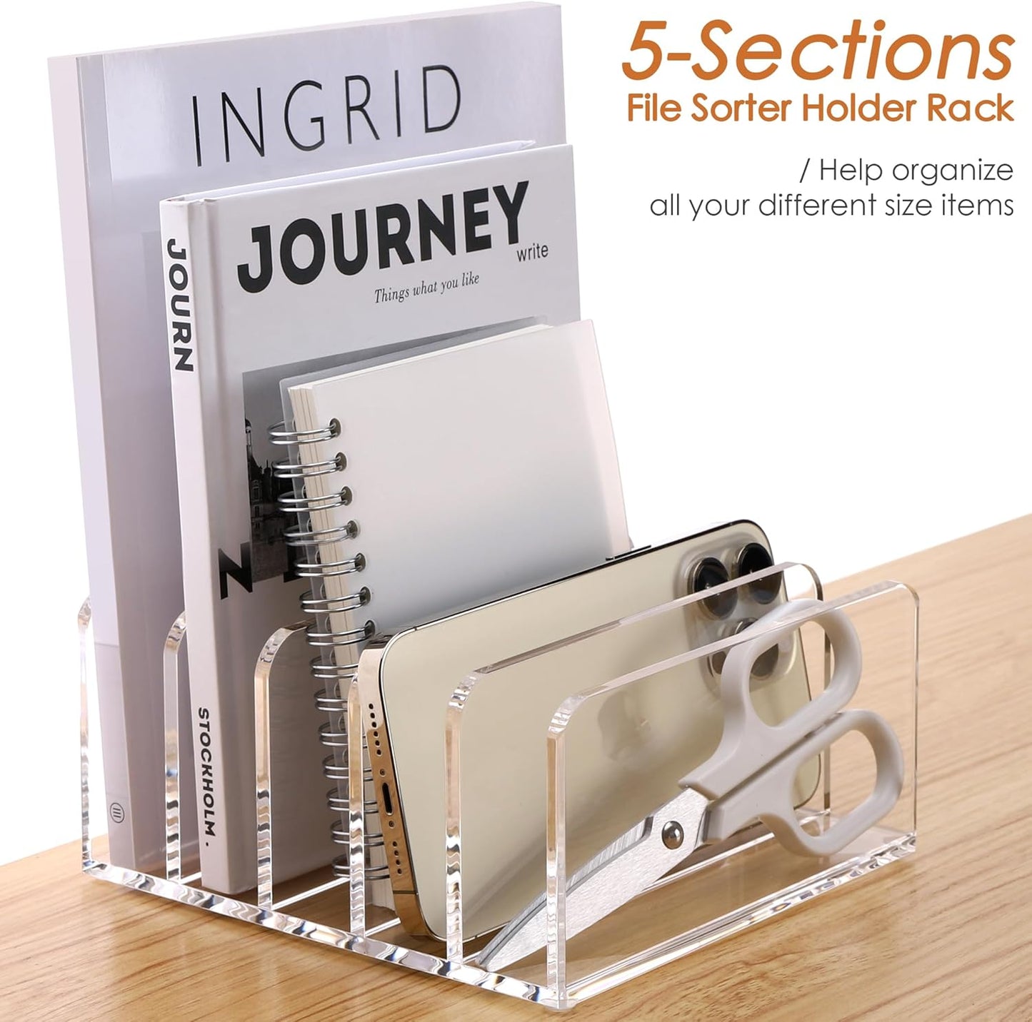 SANRUI Acrylic Desk Organizer, 5 Compartments Mail Organizer,Small File Holders Letter Organizer,Clear Office Organization,Multifunction Sorter Envelope Rack for Office,Home, School