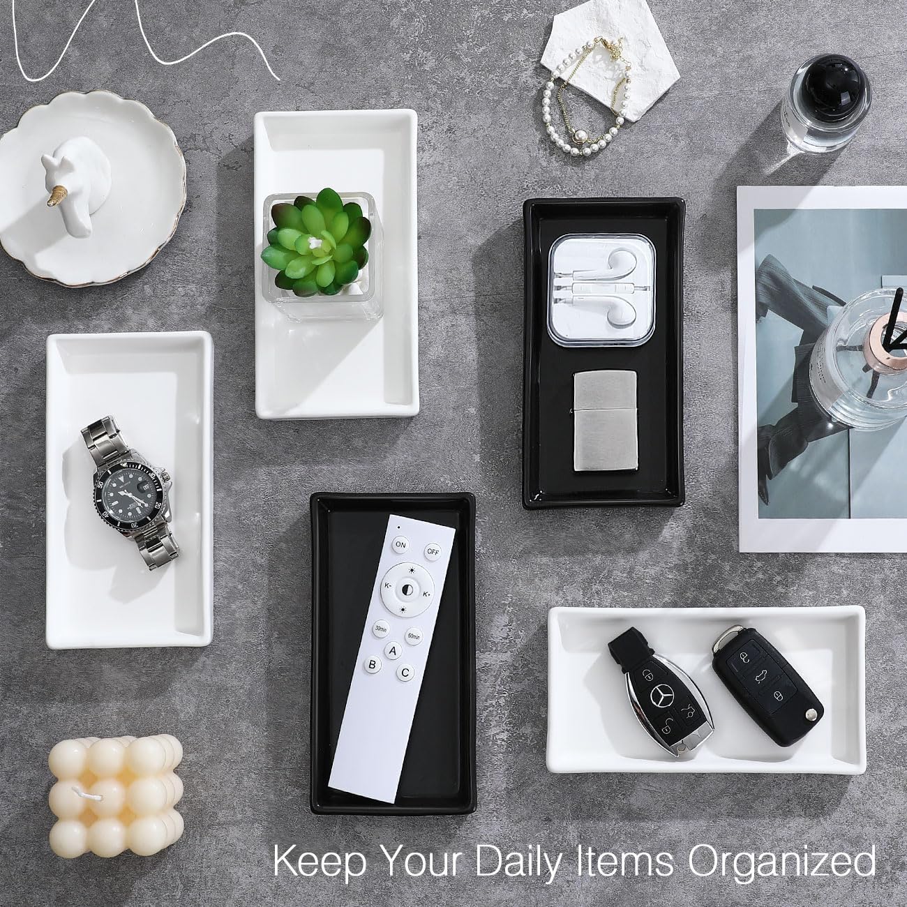 Luxspire Bathroom Vanity Tray, Mini Soap Dispenser, Small Ceramic Perfume and Jewelry Dish, Trinket Holder, Rectangle Candle Tray, Bath Organizer Kitchen Sink Narrow Soap Dish, Black