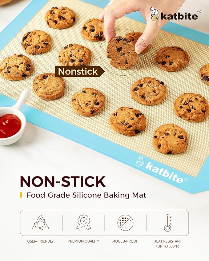 Katbite Silicone Baking Mat Colorful Collection - Set of 3: 2 Half Sheets Mats (11 5/8" x 16 1/2") + 1 Quarter Baking Sheet, Reusable & Nonstick Bakeware Mats for Cookies, Macarons, Bread (Light Blue)