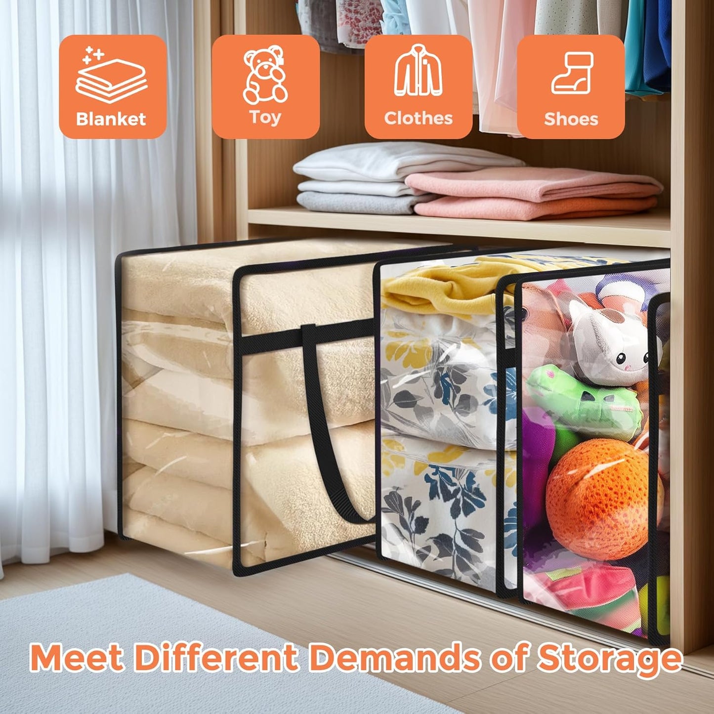Budding Joy Clear Zippered Storage Bags for Clothes,40L Closet Organizers and Storage Containers Vinyl Moving Bag for Bedding, Linen, Blankets, Comforters, Clothing & Toys, Black, 4 Pack