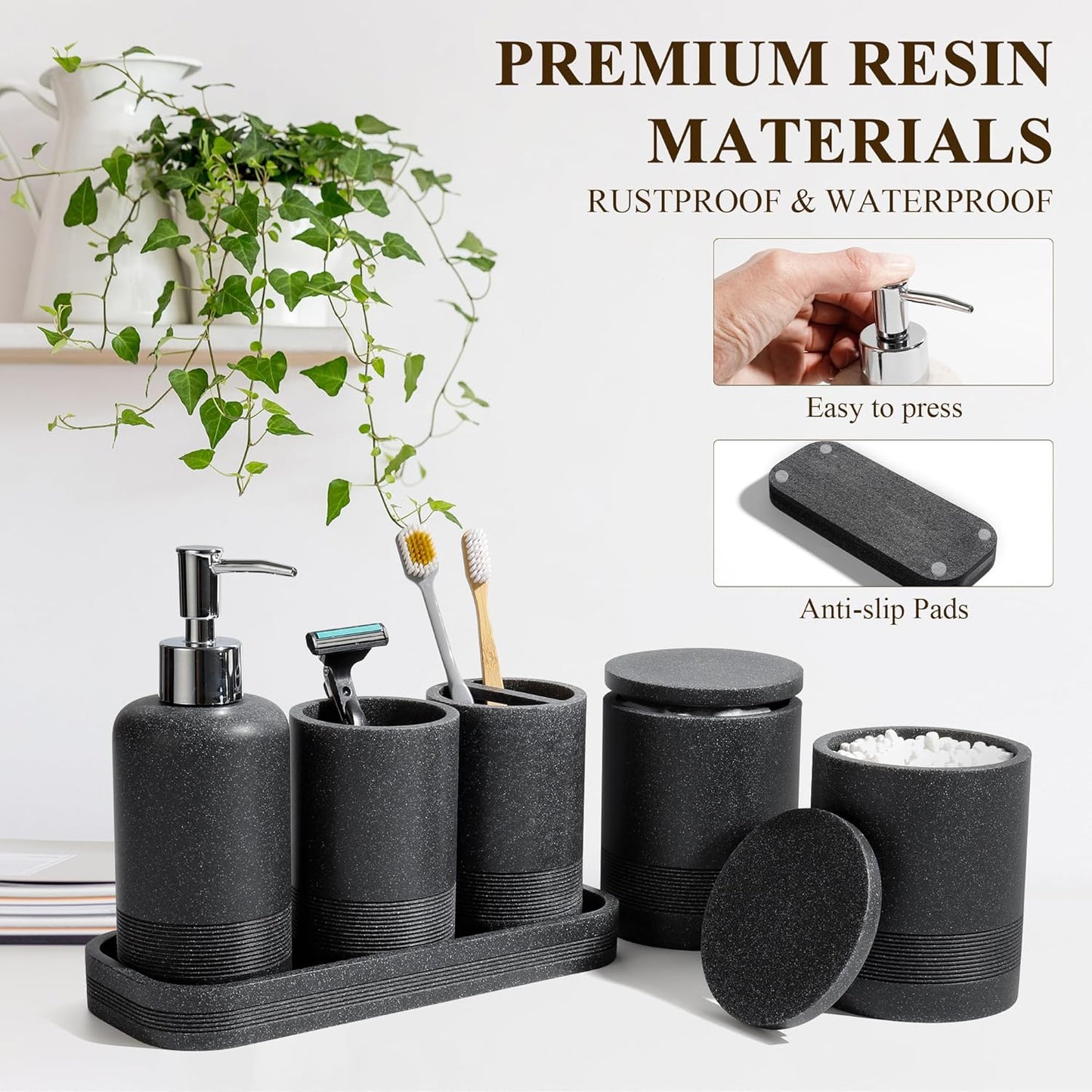 Bathroom Accessories Set, 6-Piece Bathroom Accessory Set, Toothbrush Holders Set, Soap Dispenser, Vanity Tray, Tumbler, Cotton Swab Jars, Bathroom Organizer for Modern Bathrooms(Black)