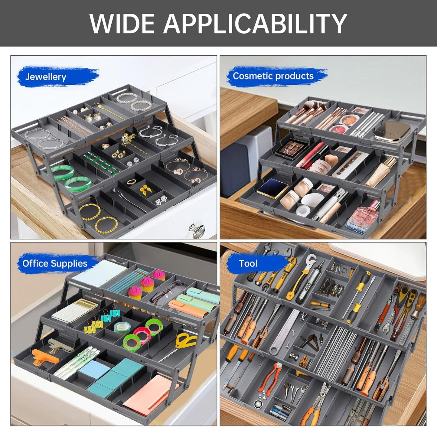 Smart Drawer Organizer Multi Level, Adjustable Folding Junk Drawer Organizer For Kitchen, Bathroom, Office, And Bedroom – Space-Saving Makeup Organizer (Grey)