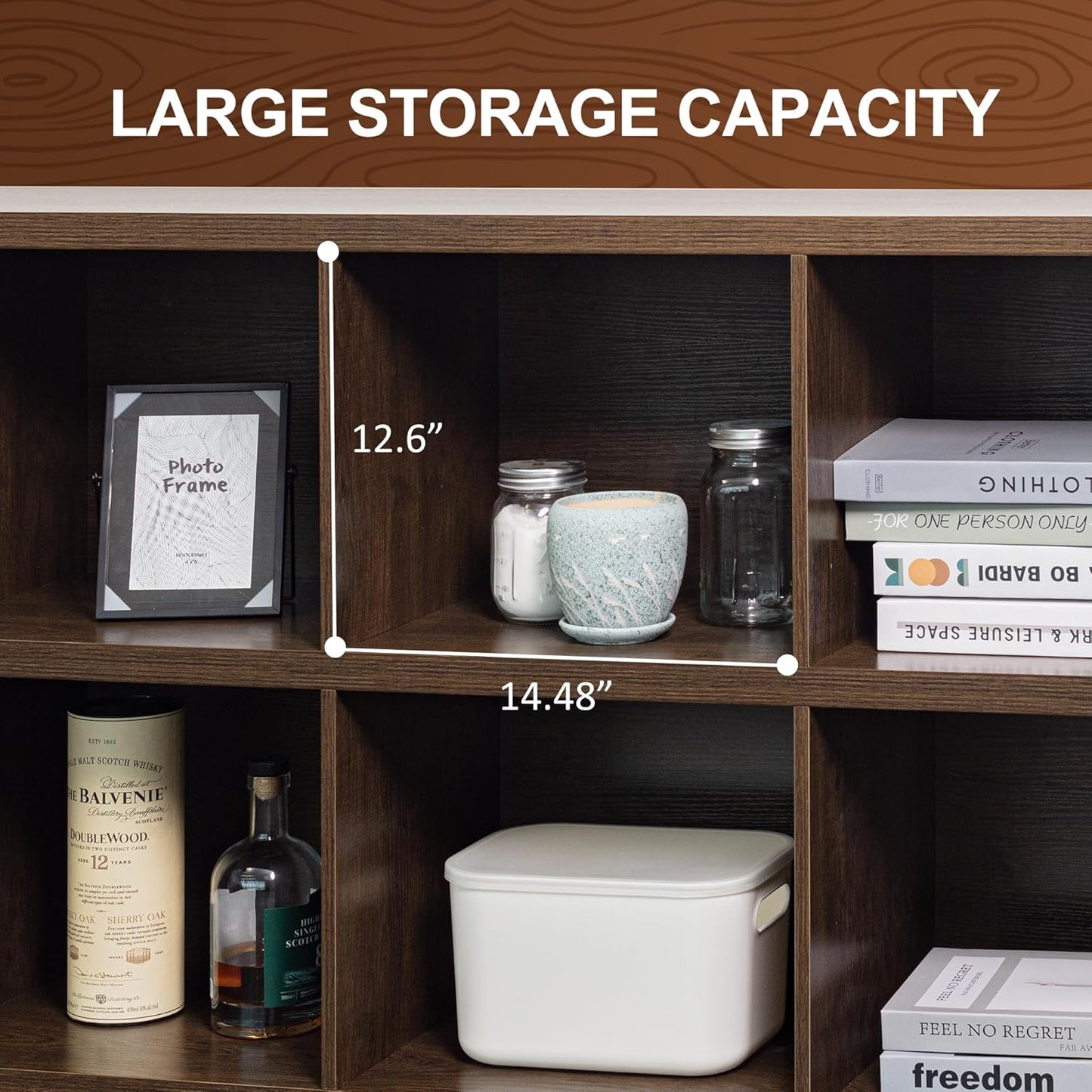 8 Cube Storage Organizer Bookshelf, Industrial Horizontal Bookcase, Accent Cubby Shelf, Media Console Table for Living Room, Home Office, 63 Inches, Brown Walnut