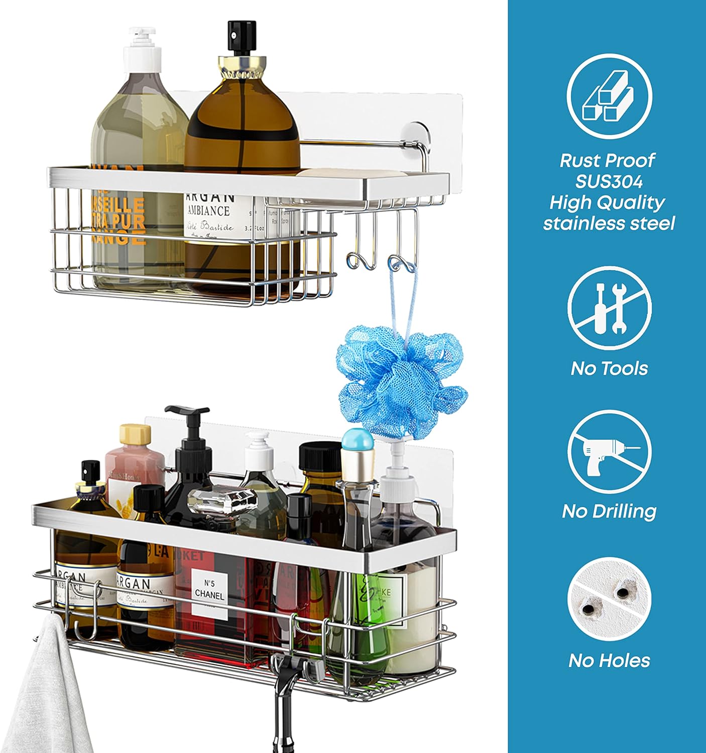KESOL Shower Caddy and Soap Dish with Hooks Shower Shelf Organizer, No Drilling Adhesive Wall Mounted Bathroom Shelf, Rustproof SUS304 Stainless Steel (2 Pack), Silver