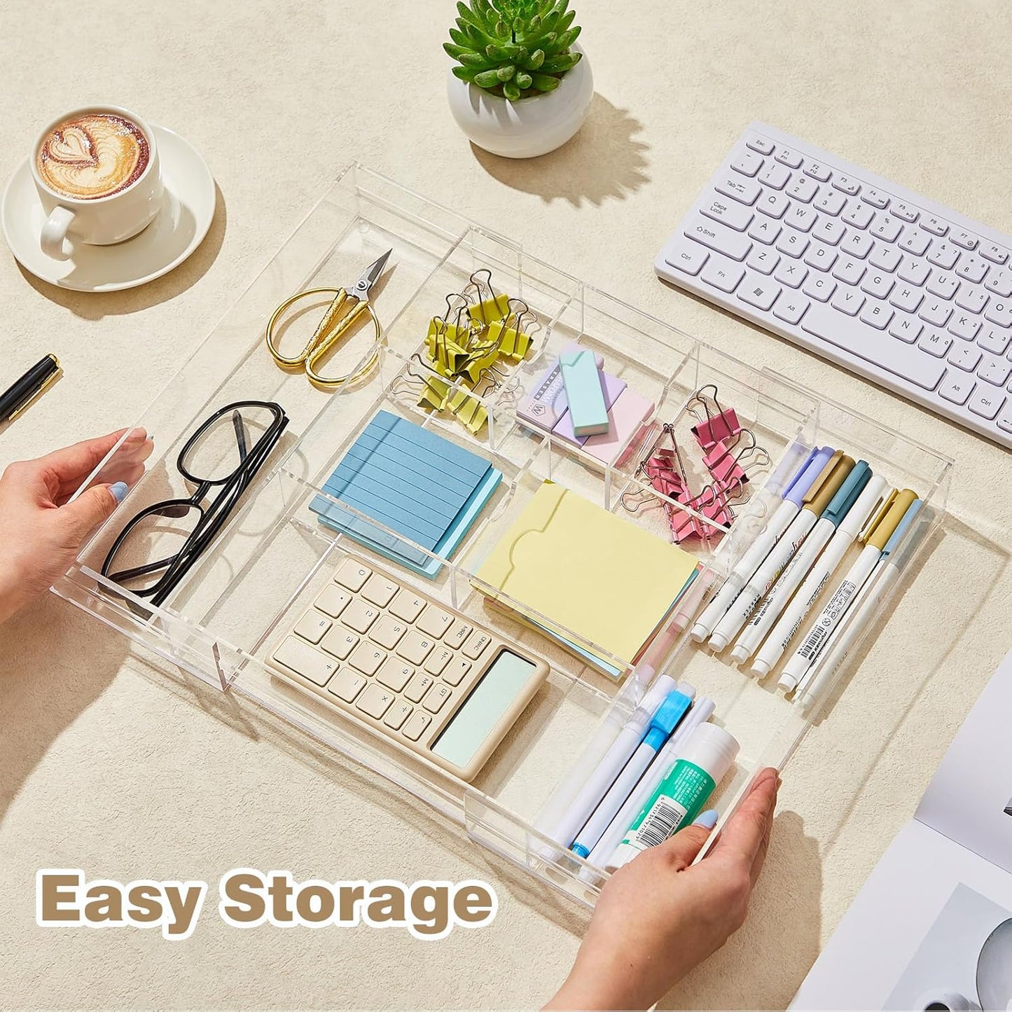 1 PC Acrylic Desk Drawer Organizer 2 Inch Height Expandable Drawer Organizer Trays with 8 Adjustable Compartments Desk Accessories for Makeup Silverware Office Bathroom(Clear,Classic)