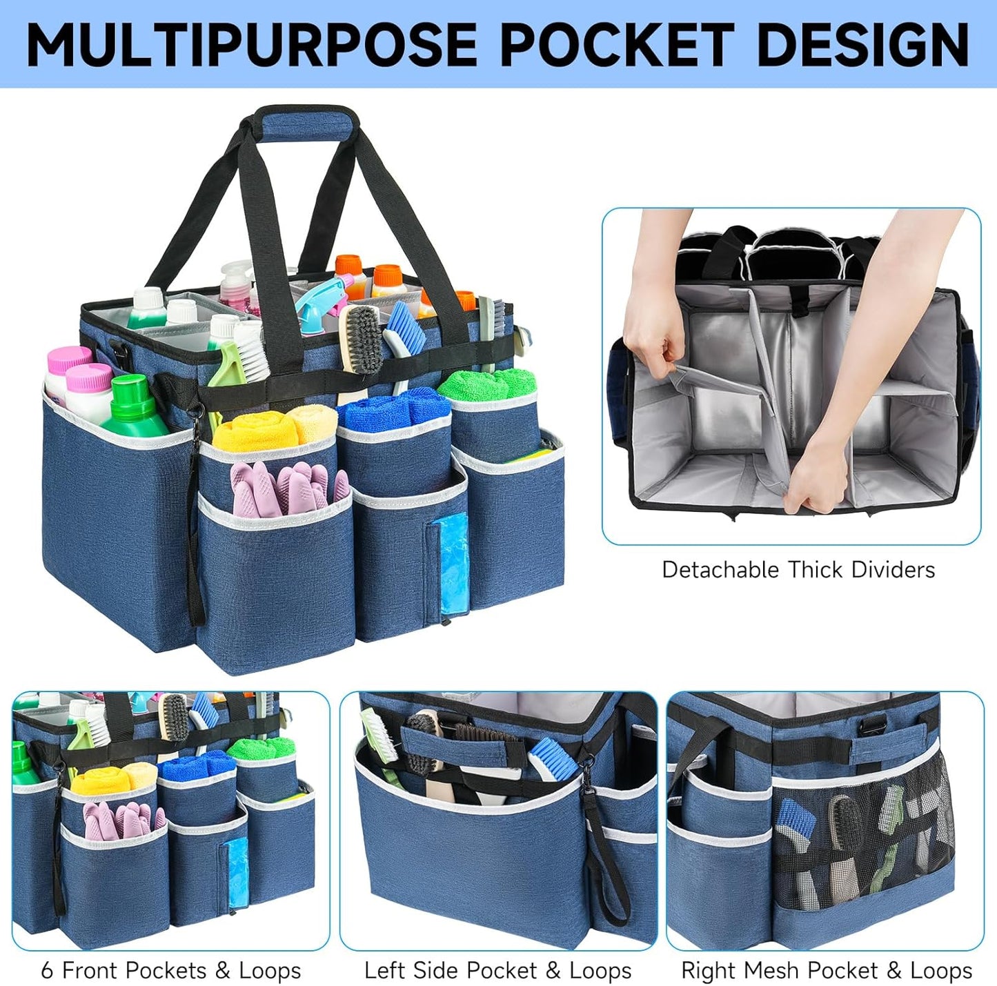 Large Rolling Cleaning Caddy Bag with Detachable Trolley,Cleaning Cart on Wheels with Shoulder Strap,Cleaning Supplies Organizer for Housekeepers,Blue