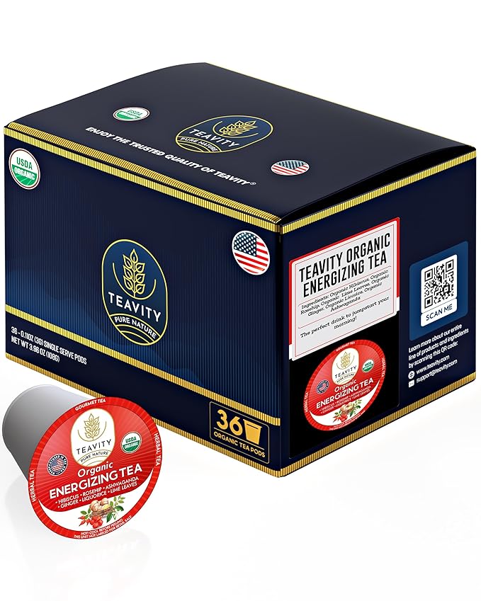 Organic Ashwagandha Tea Pods for Keurig with Ginger, Licorice, Organic Hibiscus Sabdariffa, Rosehip, & Lime - Decaf Herbal Tea - Energizing Tea by Teavity (36 Tea Pods)