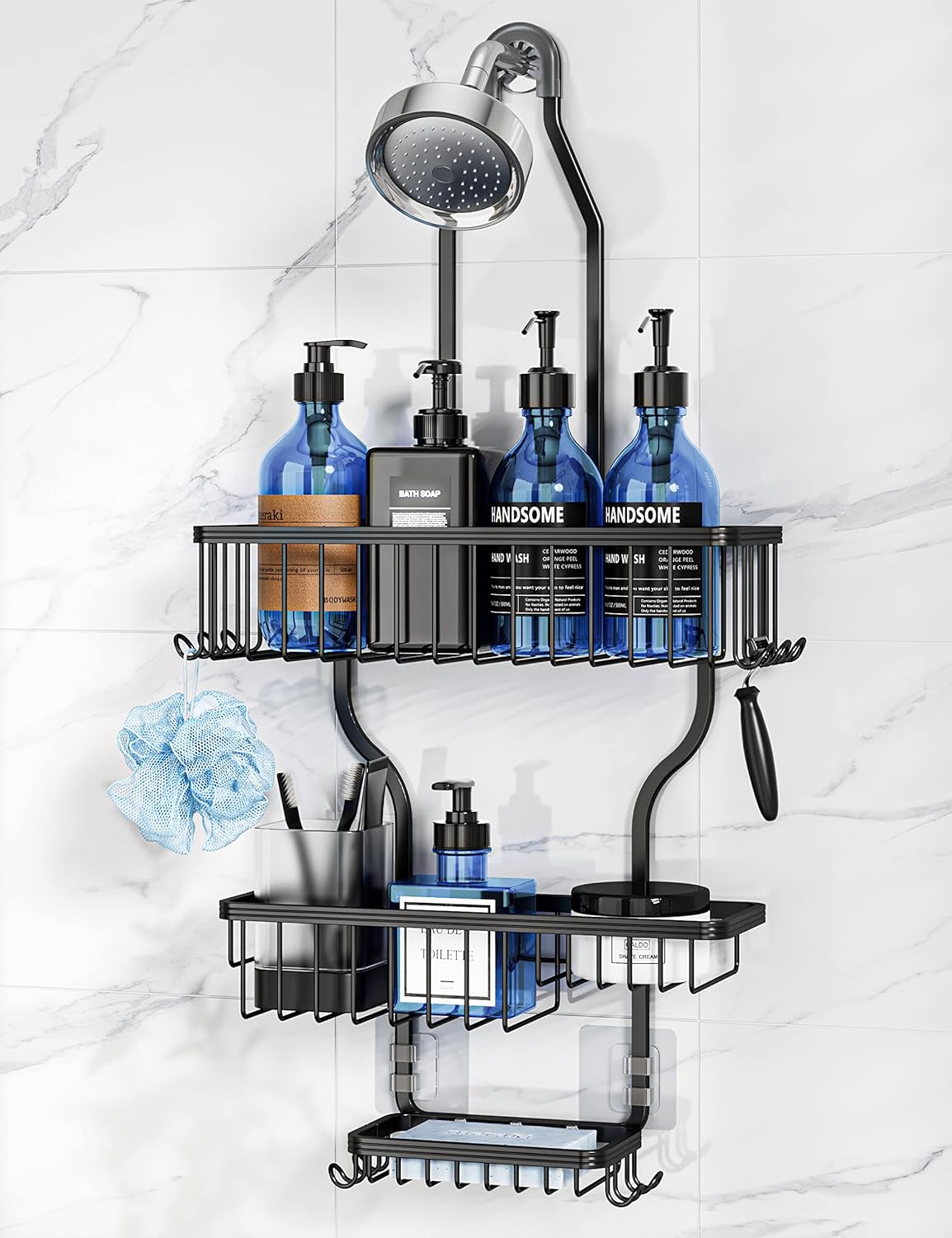 YASONIC Shower Caddy Over Shower Head Never Rust Aluminum Large Hanging Shower Caddy with 10 Hooks for Razor/Sponge - Over The Shower Head Caddy with Soap Basket - Hanging Shower Organizer Black