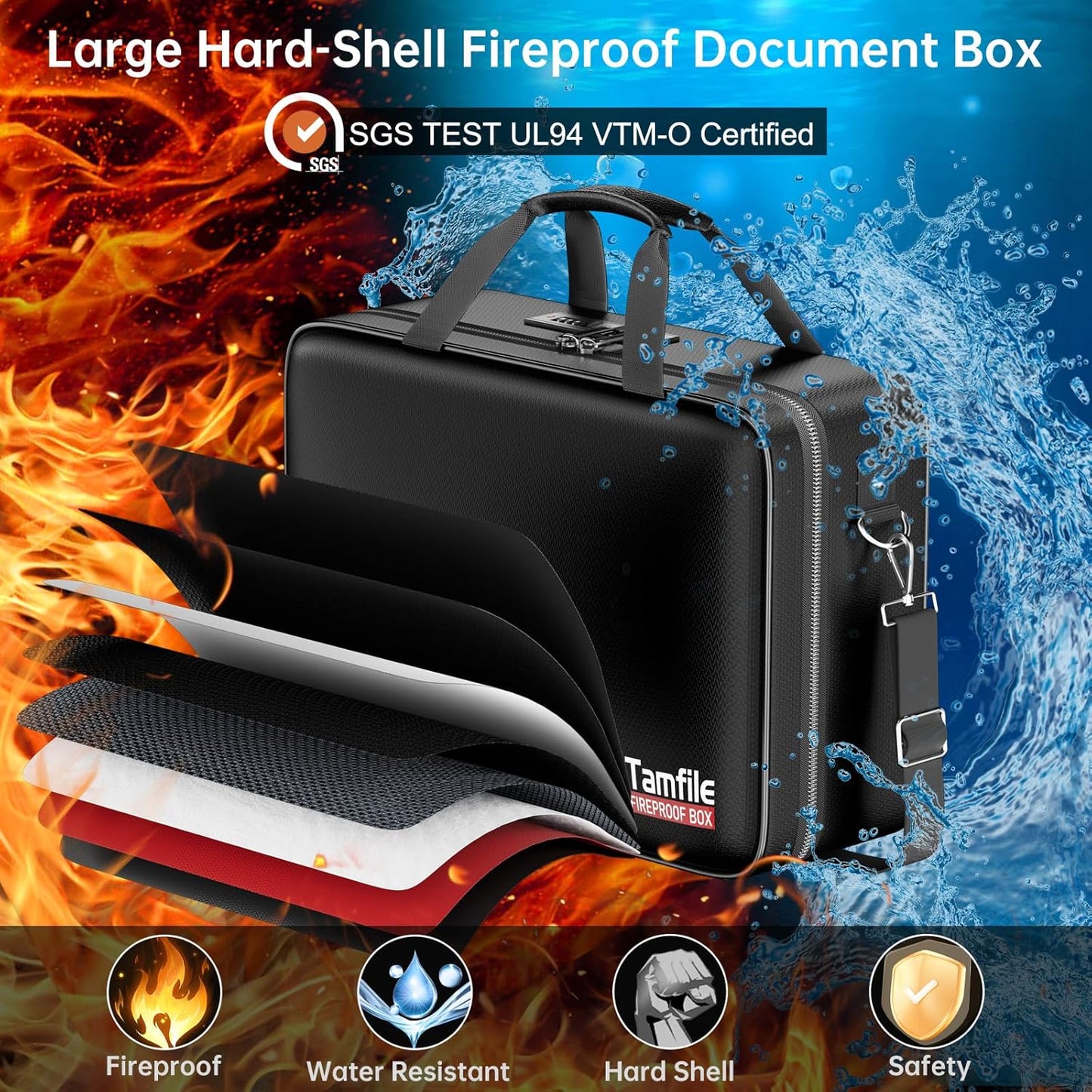 Tamfile Fireproof Document Box with Lock, Hard Case Fireproof Water Resistant File Organizer with 24 Colorful Pockets,Fire Safe Box for Important Documents、Valuables、Laptop、Passports (Black)