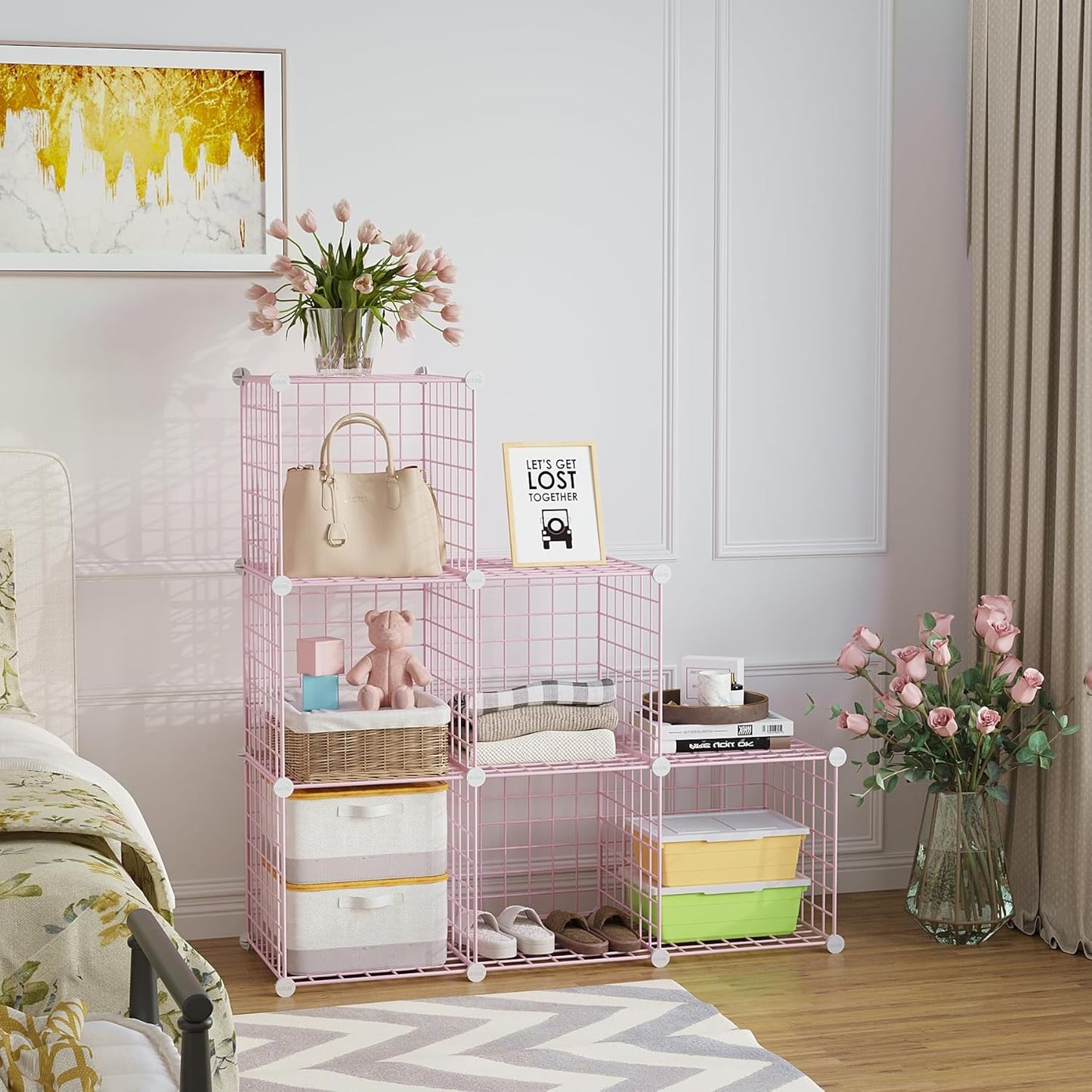 C&AHOME Wire Cube Storage, 6 - Cube Organizer Metal C Grids, Modular Shelves Units, Closet Organizer, Ideal for Home, Office, Living Room, 36.6”L x 12.4”W 36.6”H, Pink UWCS3006P