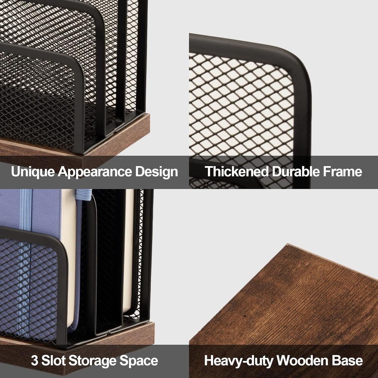 Wooden Desk Mail Organizer, Desktop File Organizer Metal Mesh with 3 Vertical Upright Compartments, Mail Sorter Letter Organizer Rack for Letters, Postcards, Brochures, Mail Holder (2 Pack Black)