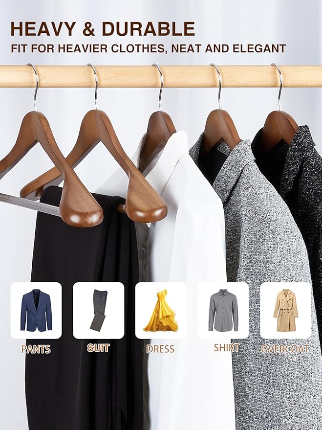 SMARTOR Suit Hangers for Men 12 Pack, Wide Shoulder Wooden Suit Hangers with Non Slip Pants Holder, Wide Hanger for Suit, Coat, Jacket, Gown, Heavy Duty Wood Suit Hanger, Walnut