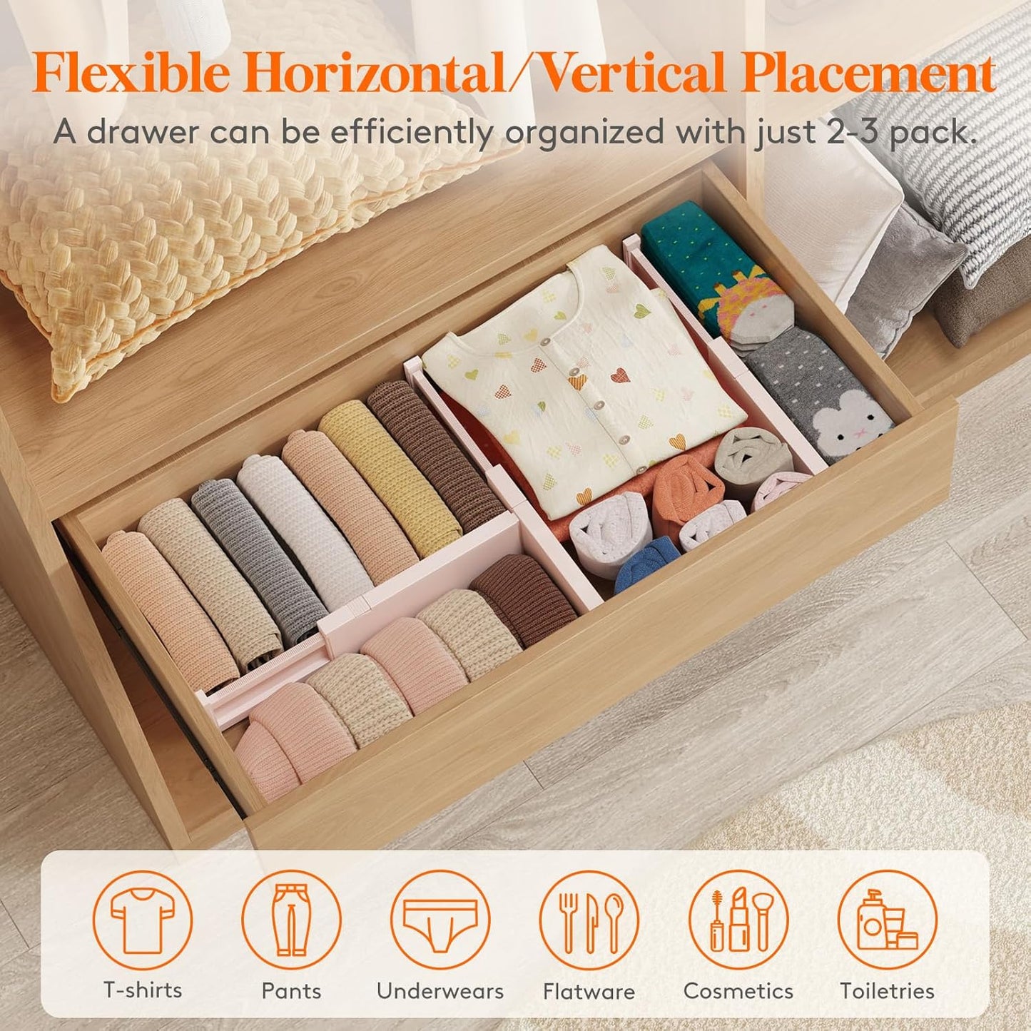 Lifewit 8 Pack Drawer Dividers 4" High, 11-17" Adjustable Dresser Drawer Organizers for Clothes, Expandable Dresser Separators in Bedroom/Bathroom/Kitchen/Vanity/Office Organization and Storage, Pink