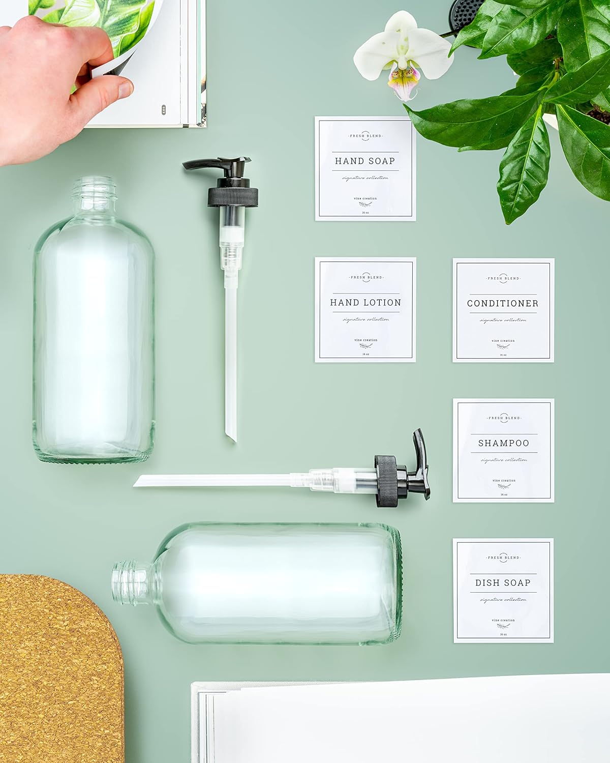 Vine Creations Clear Glass Soap Dispenser, 2 Pack Kitchen Soap Dispenser Set with Rustproof Pump, 16 oz Dish Soap and Hand Soap Dispensers for Bathroom with Waterproof Labels