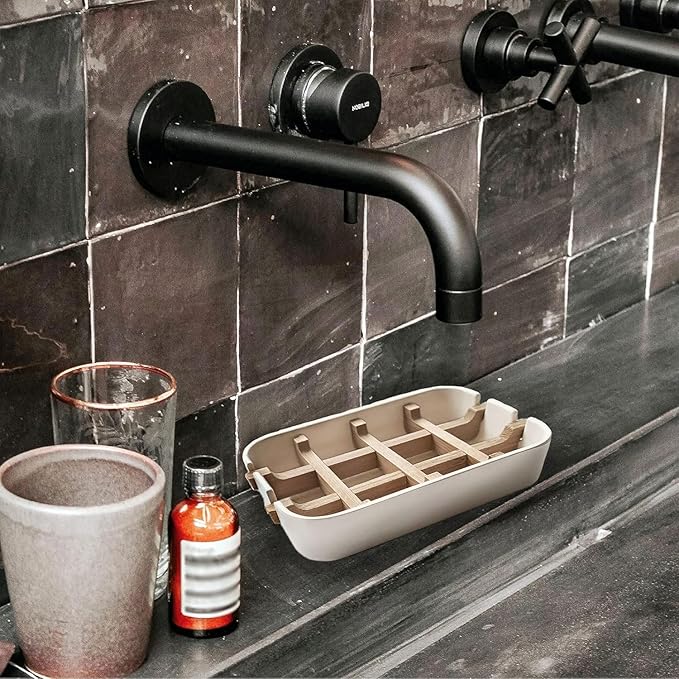 Aoheuo Modern Bamboo Fiber soap Holder and soap Dish Combination (Removable), Off White, 5.12 Long by 3 Wide, 0.98 inches high, Used in Kitchens, bathrooms, and bar Sinks