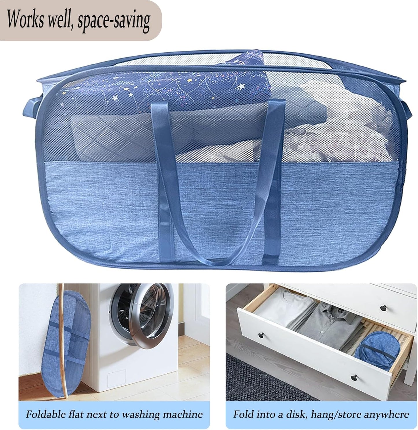 Extra Large Mesh Pop Up Laundry Hamper, 100L Collapsible Laundry Basket, Dirty Clothes Hamper with Reinforced Handles, Storage Bins for Shelves, Dorm or Home Portable Stair Laundry Basket. Blue