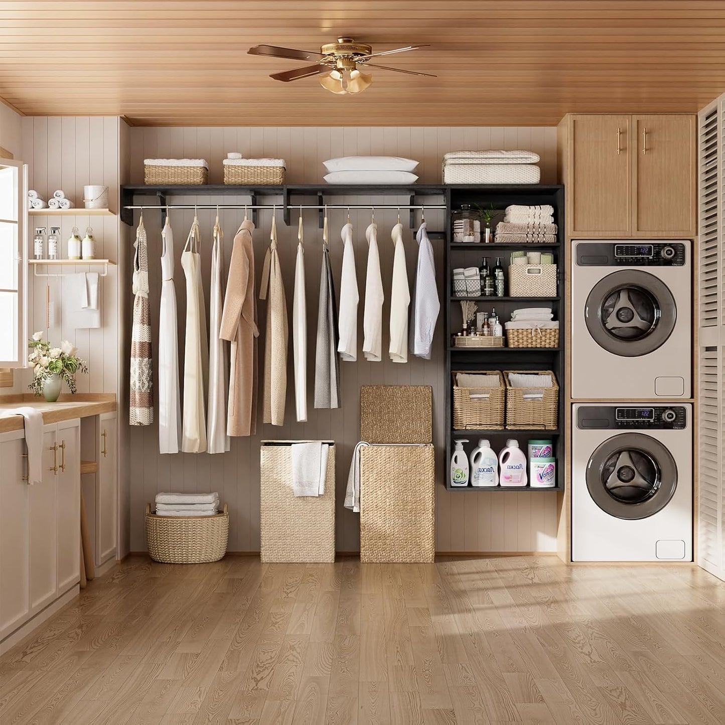 Unikito Over Washer and Dryer Storage Shelf, 8FT Wall Mounted Laundry Room Organizer, Space Saver Clothes Drying Rack with Hanger Rod, 6-Tier Heavy-Duty Closet System with Adjustable Shelves, Black