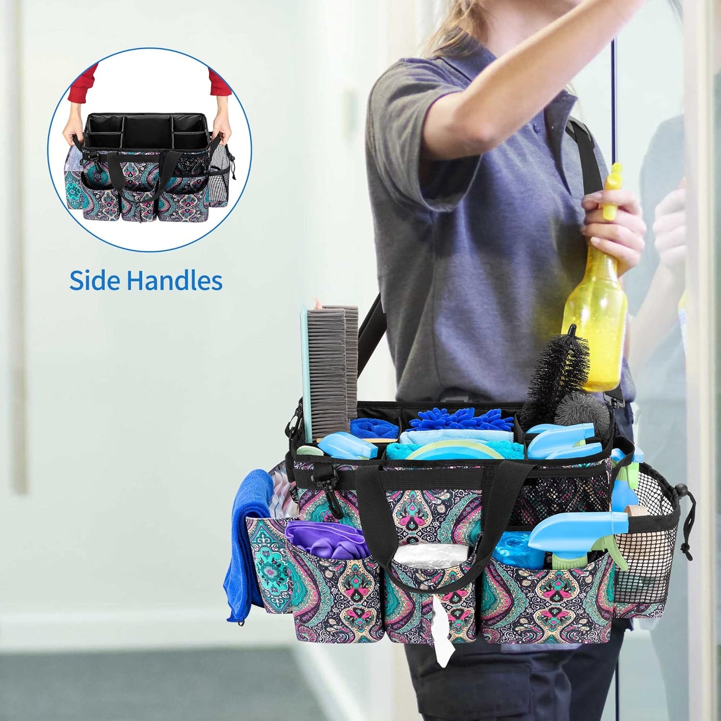 LoDrid Wearable Cleaning Caddy Bag with 4 Foldable Dividers, Cleaning Supply Organizer with Shoulder Strap and Side Handles for Cleaners & Housekeepers, Totem