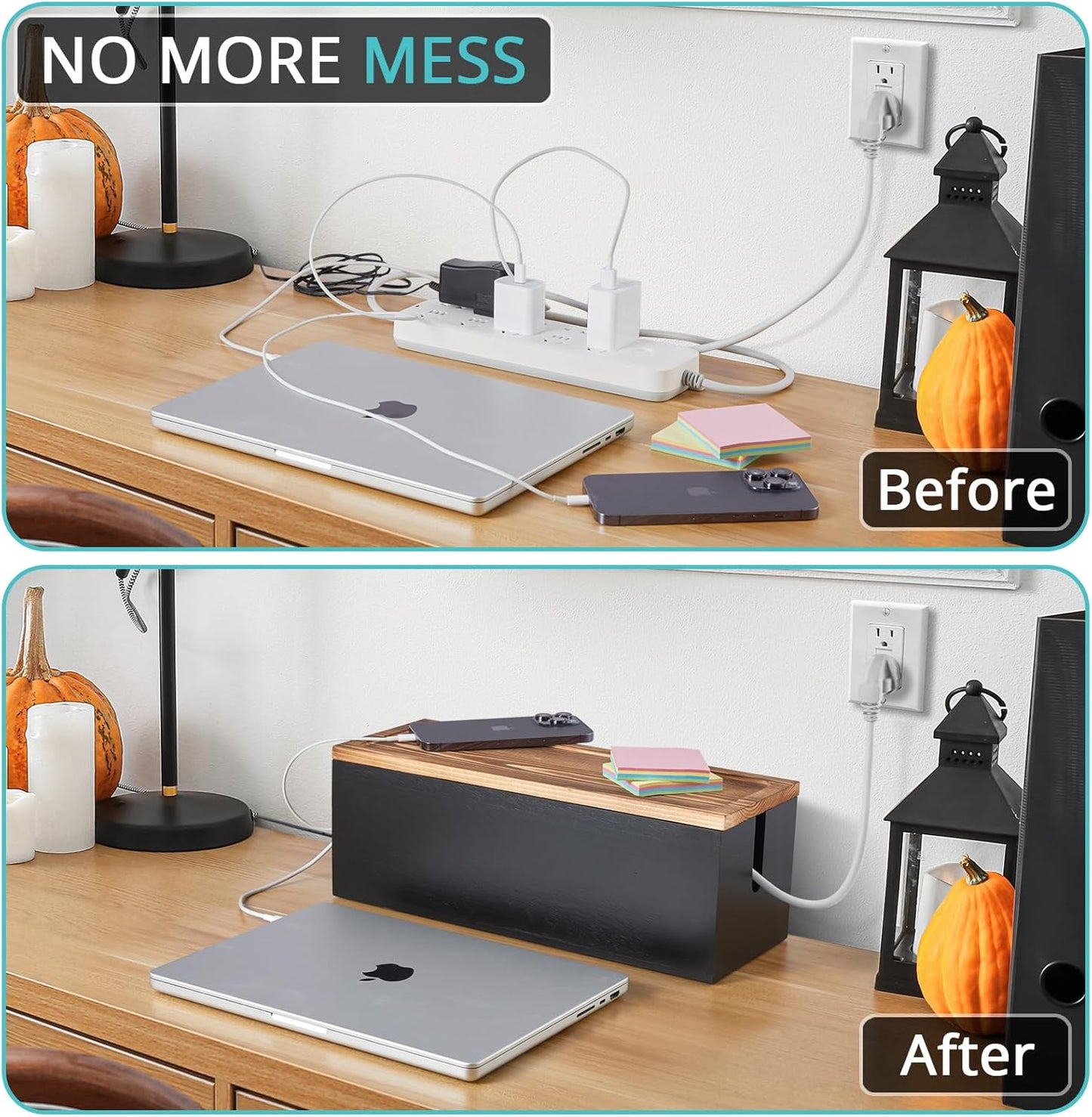 Bivvclaz Large Cable Management Box, Wooden Cord Organizer Box for Desk, Floor, Office to Hide Extension Cords Power Stripes Surge Protectors Chargers Wires, Black