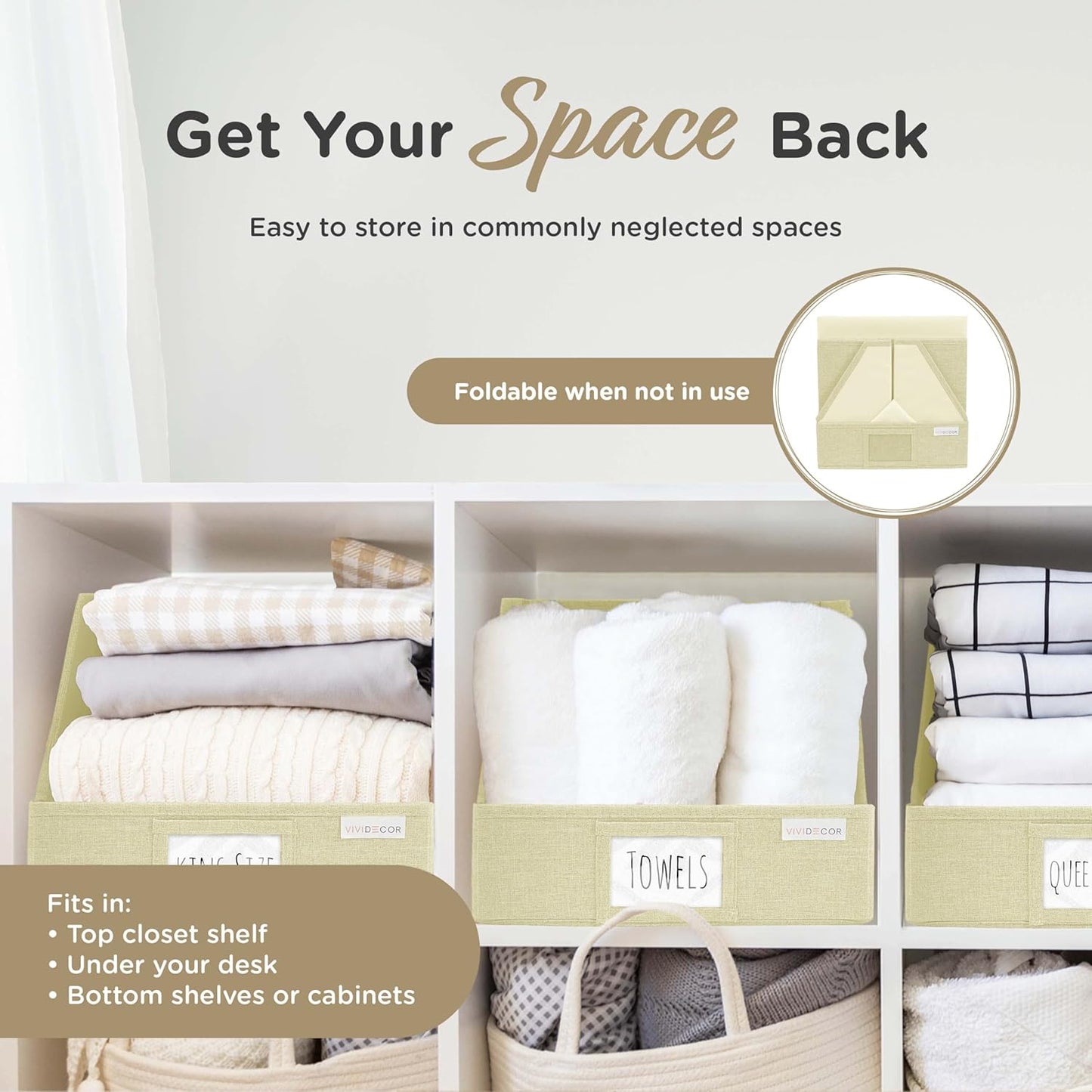 Trapezoid Closet Bins for Shelves – 12x12x10 Fabric Storage Baskets, Collapsible Organizer Boxes for Linen, Baby Clothes, Seasonal Storage – Light Beige, 3 Pack