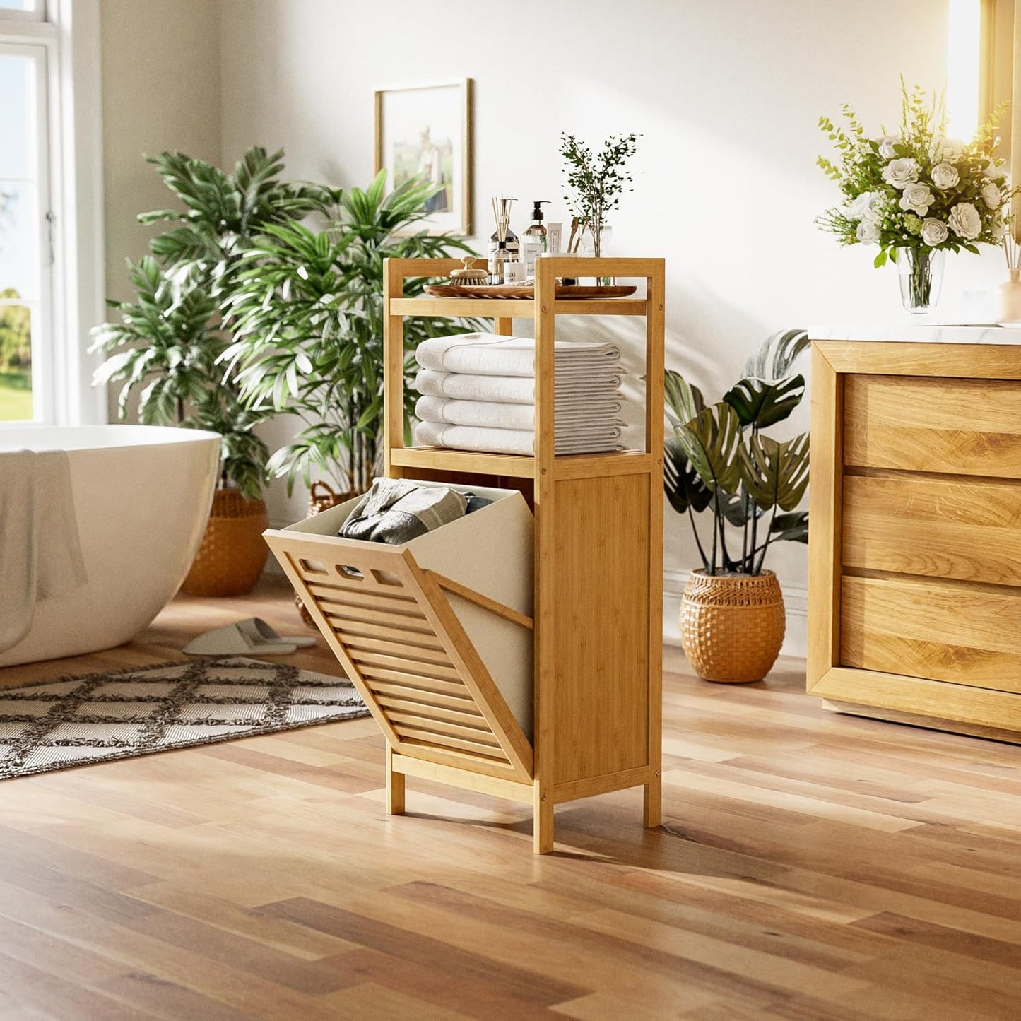 HITNET Tilt Out Laundry Hamper, Bamboo Laundry Basket with Foldable Bag and 2 Open Shelves, Freestanding Clothes Storage Organizer for Bedroom, Bathroom, Living Room, Natural