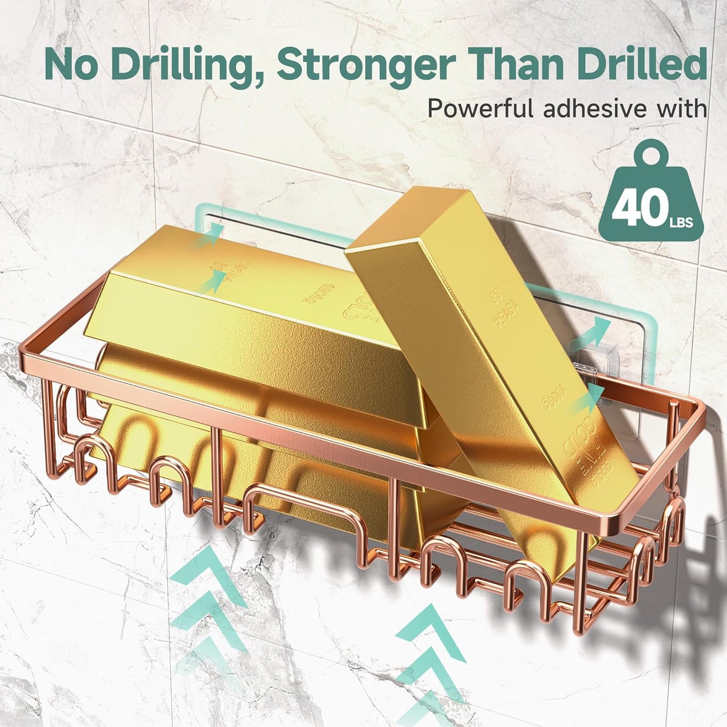 Veken Shower Caddy 6-Pack, No Drilling & Rustproof, Waterproof Adhesive Shelves Rack with Soap Holder, Large Capacity Bathroom Organizers and Storage, Wall-Mounted Kitchen & Home Decor, Rose Gold