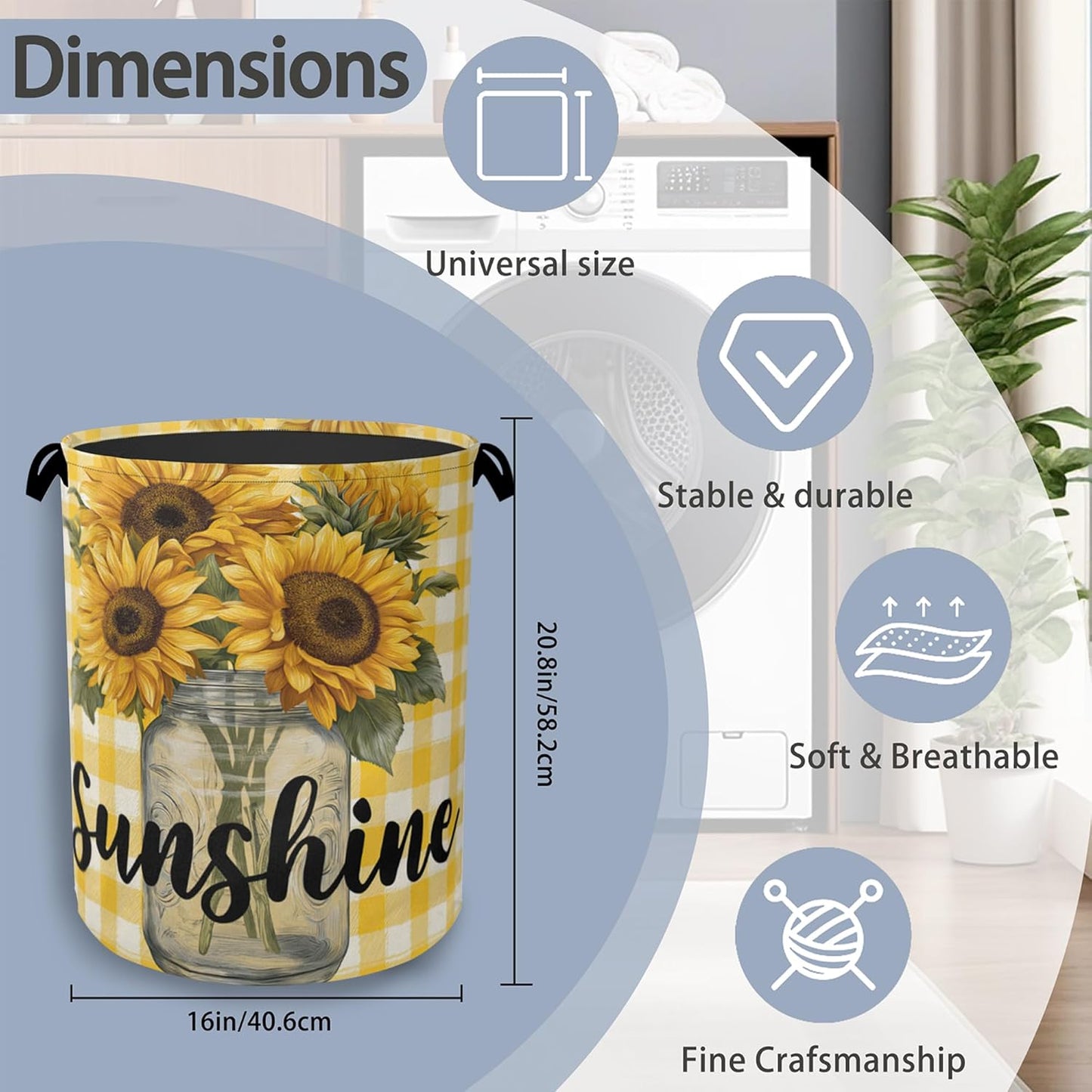 Retro Sunflowers Laundry Hamper,Sunshine Dirty Clothes Laundry Basket with Handles Waterproof Oxford Cloth Storage Basket for College Dorms Bathroom Bedroom 16" x 20.8"