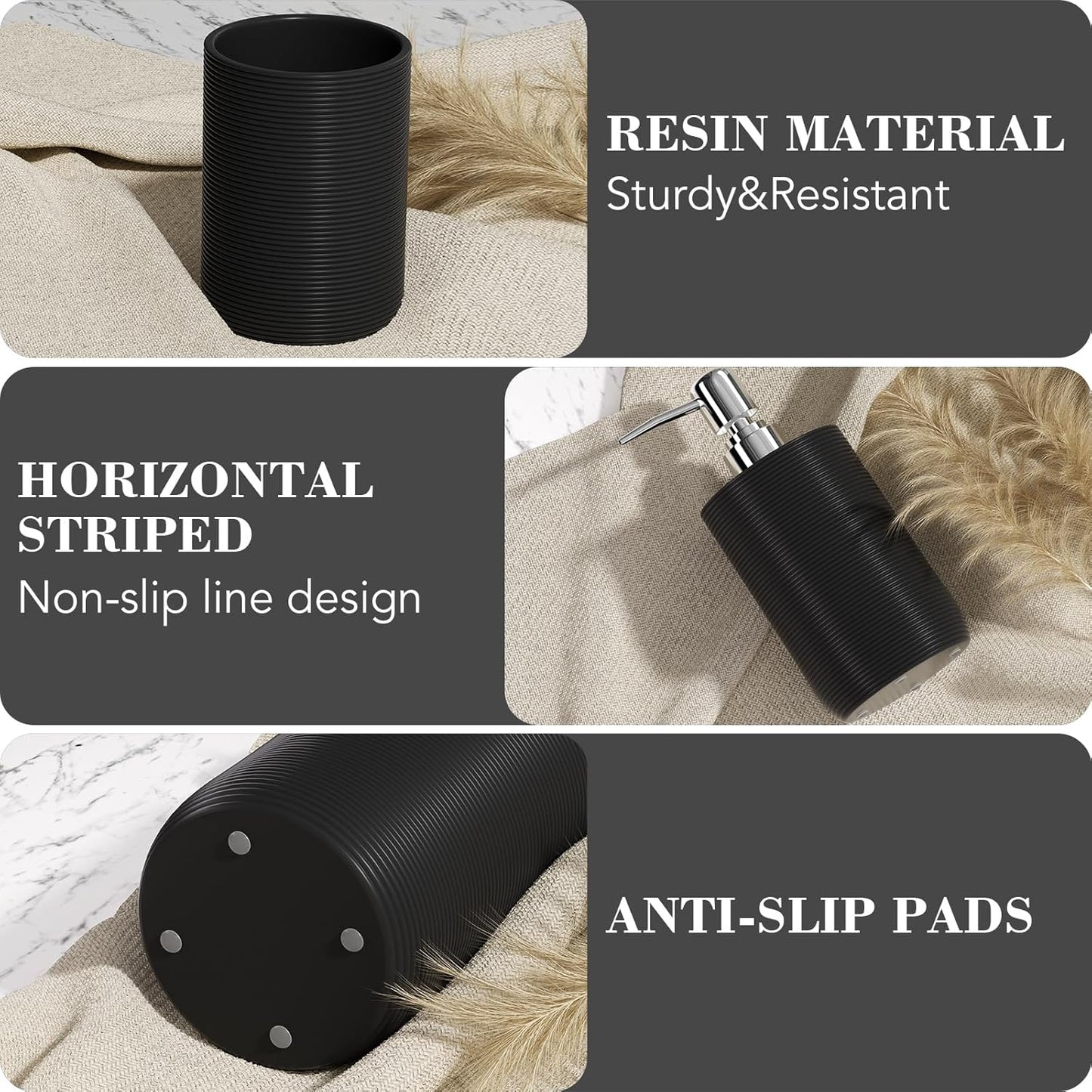 6-Piece Bathroom Accessory Set Resin, Black Bath Accessories Complete with Toothbrush Holder, Lotion Soap Dispenser, 2 Qtip Holders,Vanity Tray,Bathroom Tumbler - Countertop Vanity Organizer