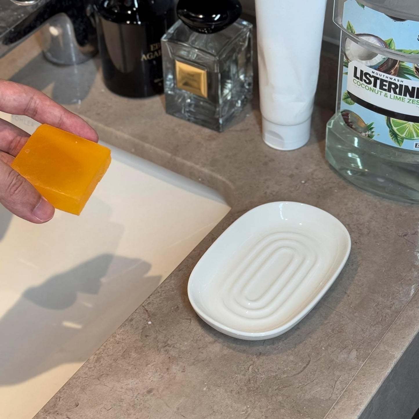 Soap Dish, Ceramic Soap Dish with Marble PatternShower, Soap Saver Tray for Bathroom, Kitchen Sink & Vanity, Multi-Use Holder for Jewelry, Rings, Keys (1 Pack, White)