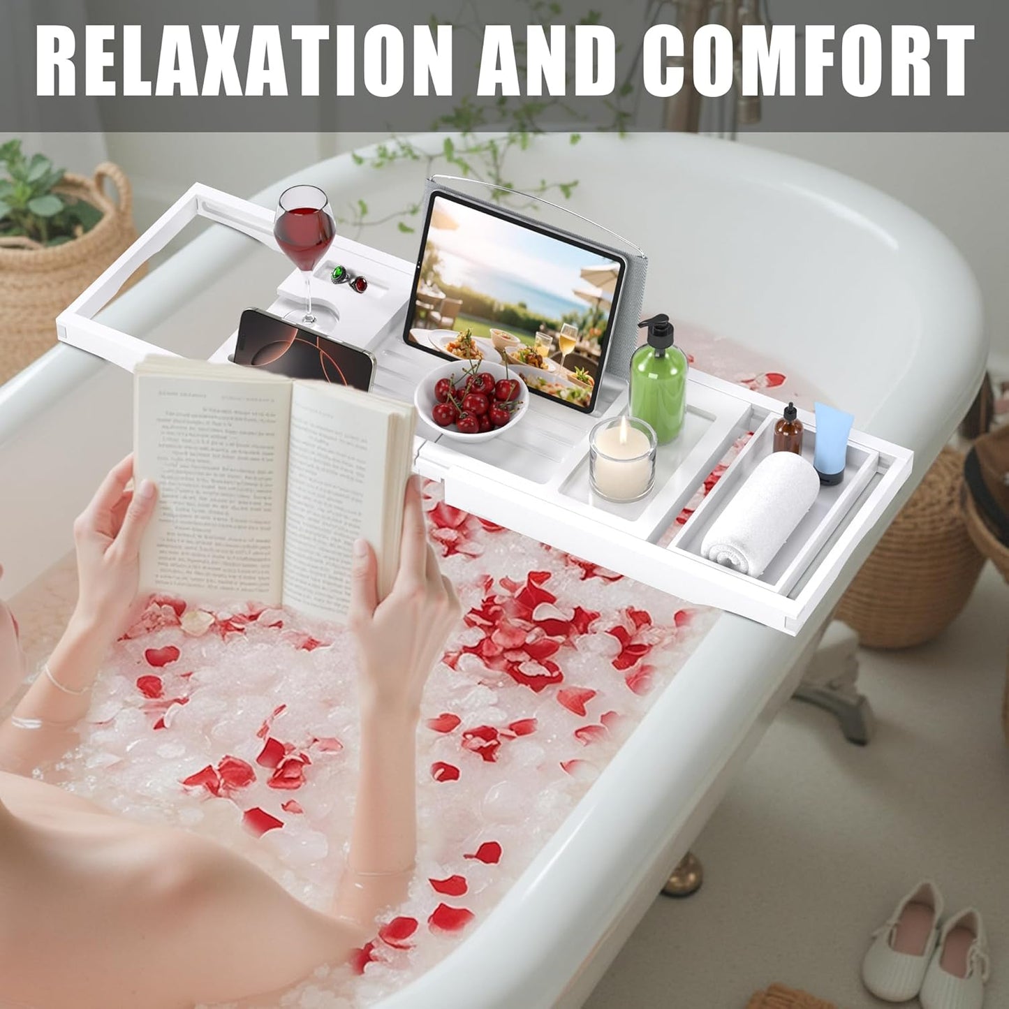 Foldable Bathtub Caddy Tray for Tub,Bamboo Expandable Bath Table Trays,Premium Bathroom Accessories for New Home & Mothers Day & Birthday Gifts for Couples,White