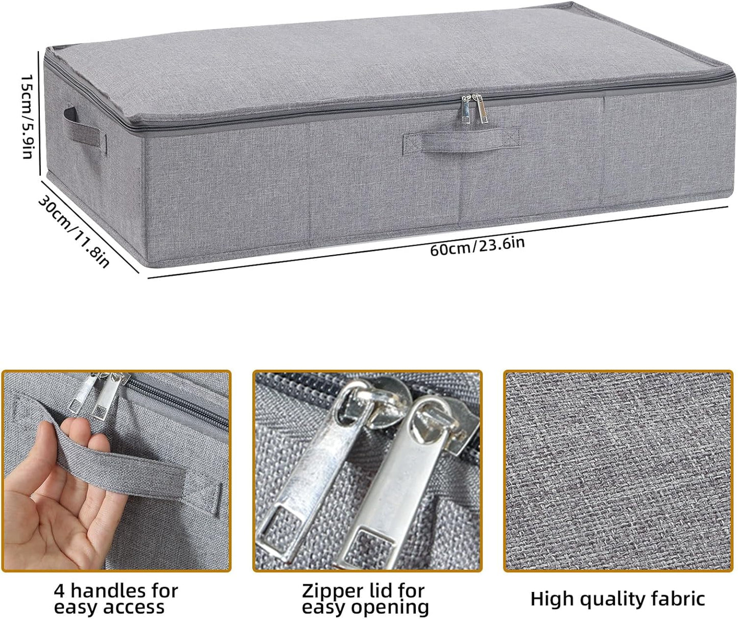 Underbed Storage Box, 23.6 x 11.8 x 5.9 Inch Clothes Organizer With Sturdy Structure and Reinforced Handles for Blanket, Sheets, Pillows, Towels, Shoes, Grey, 3 Pack