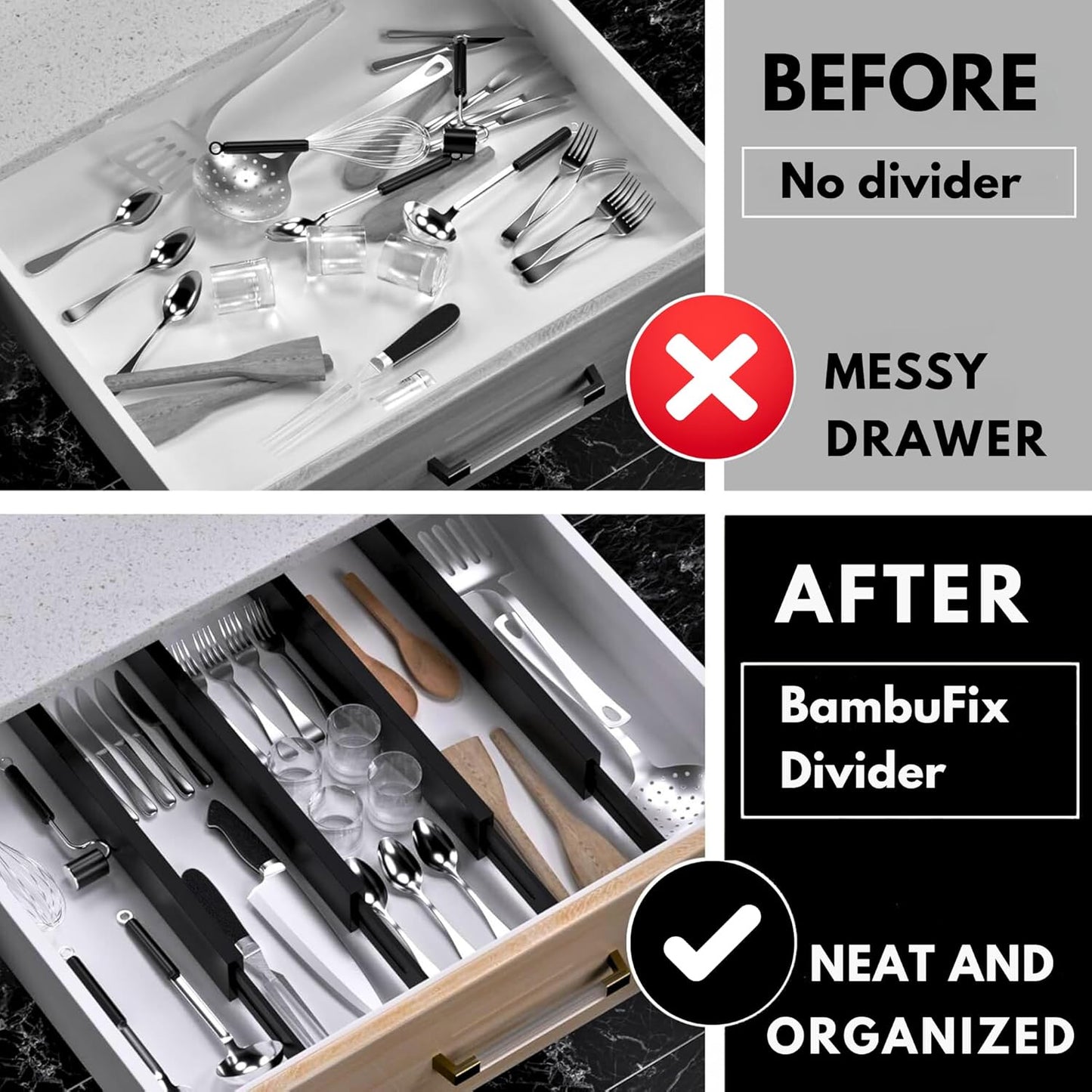 6-Pack Adjustable Bamboo Drawer Dividers, Expandable to 11.8-17.1 in with Center Lock & Non-Slip Pads, Spring-Loaded Kitchen Drawer Divider Organizer for Dresser, Bathroom, and Office