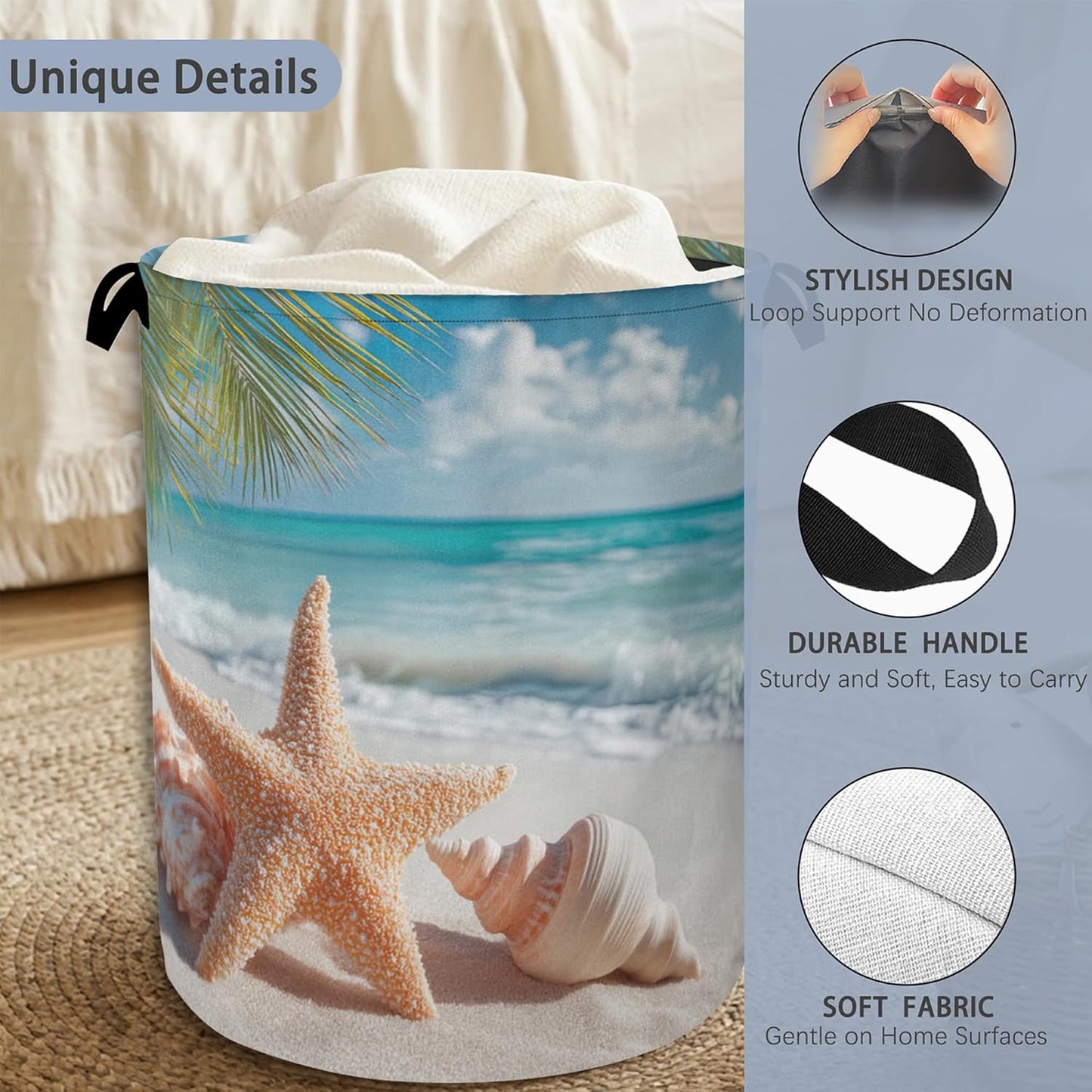 Starfish Shells Laundry Basket,Beach Oxford Cloth Laundry Hamper with Handle Foldable Portable Clothes Storage Basket for Bathroom Bedroom Dorm Room 16" x 20.8"