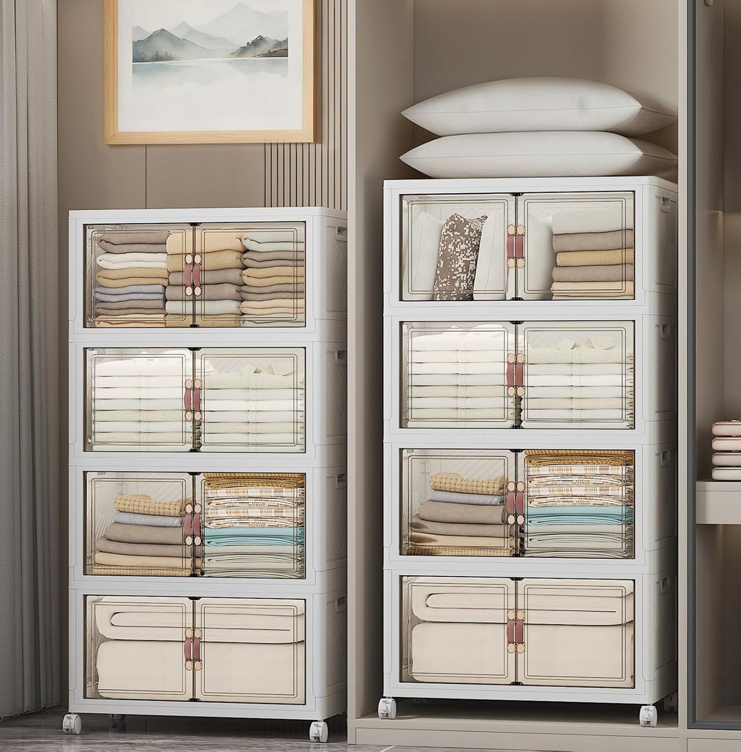 Extra Large Stackable Storage Bins with Lids & Wheels & Door, 896QT-112QT/28GAL*8Pack Foldable Collapsible Closet Organizers, Plastic containers drawers for bedroom Dorm