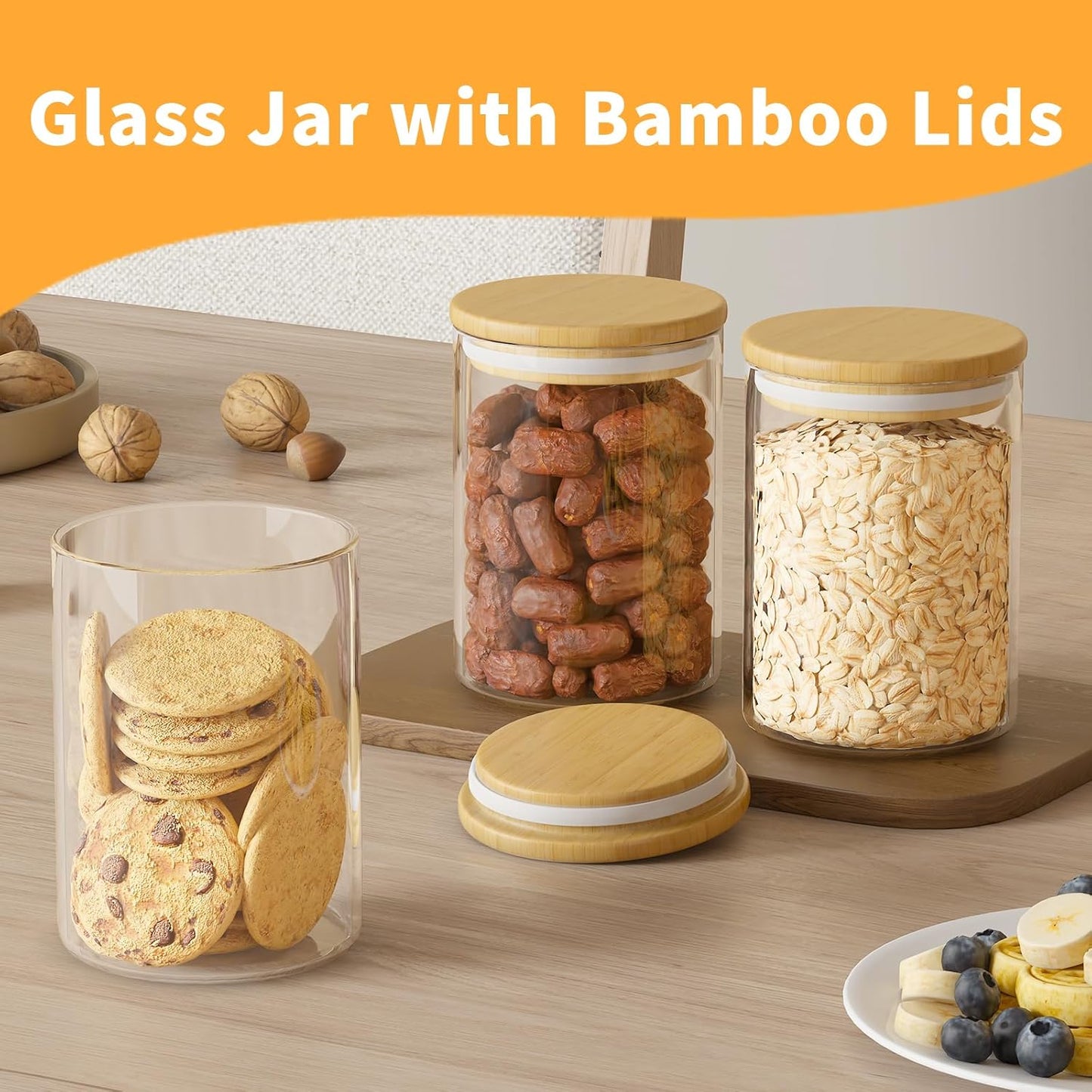 6 Piece Glass Storage Jars Set with Airtight Bamboo Lids and Labels,18.6oz/550ml Glass Spice Jars Food Storage Containers for Home Kitchen,Pantry, Tea, Sugar, Salt, Coffee, Flour, Herbs, Grains