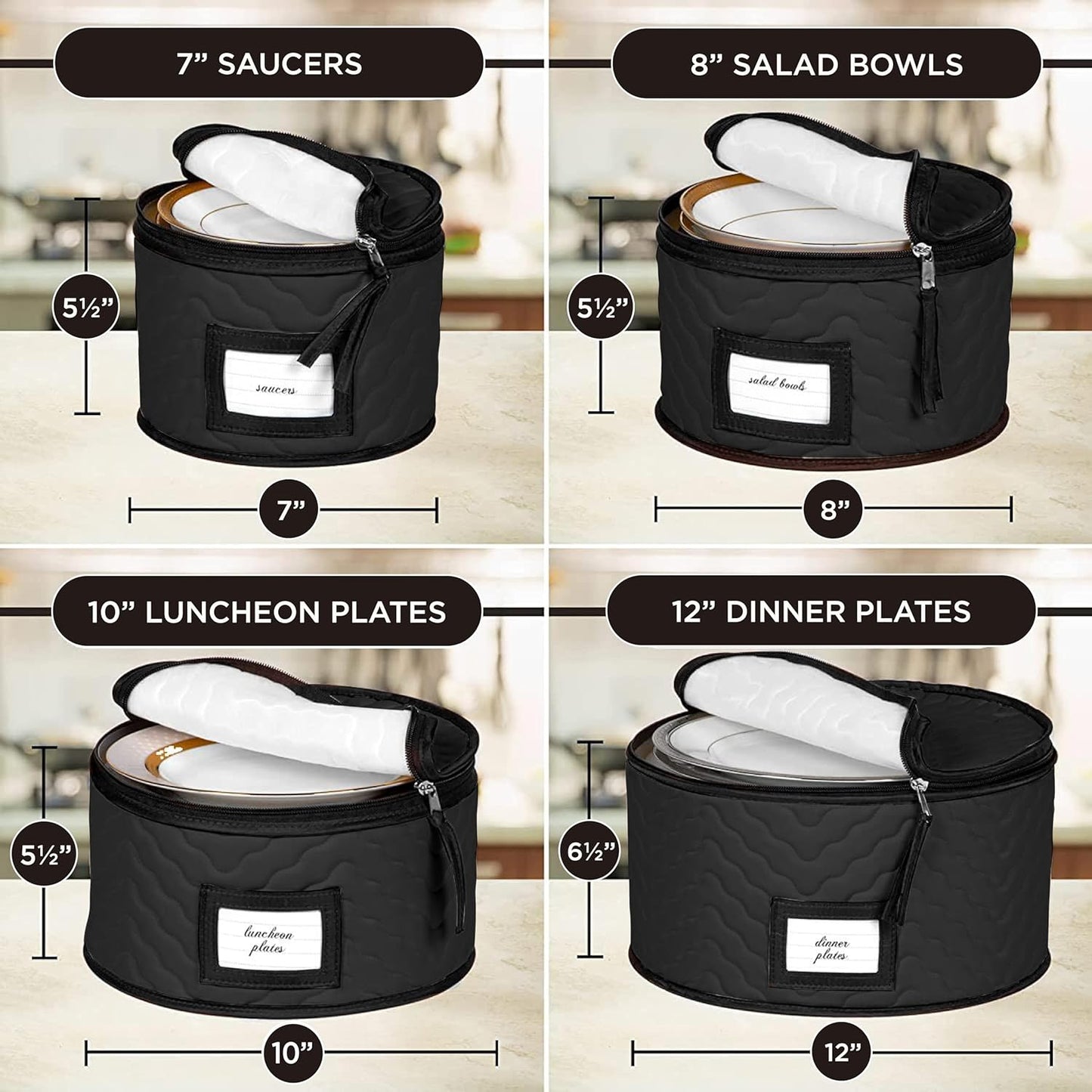 China Storage Containers 5-Piece Set Moving Boxes for Dinnerware, Glasses, Plates, Mugs and Saucers Sturdy Quilted Microfiber Dish Organizer with Dividers for Seasonal Storage - Holds Set of 12, Black