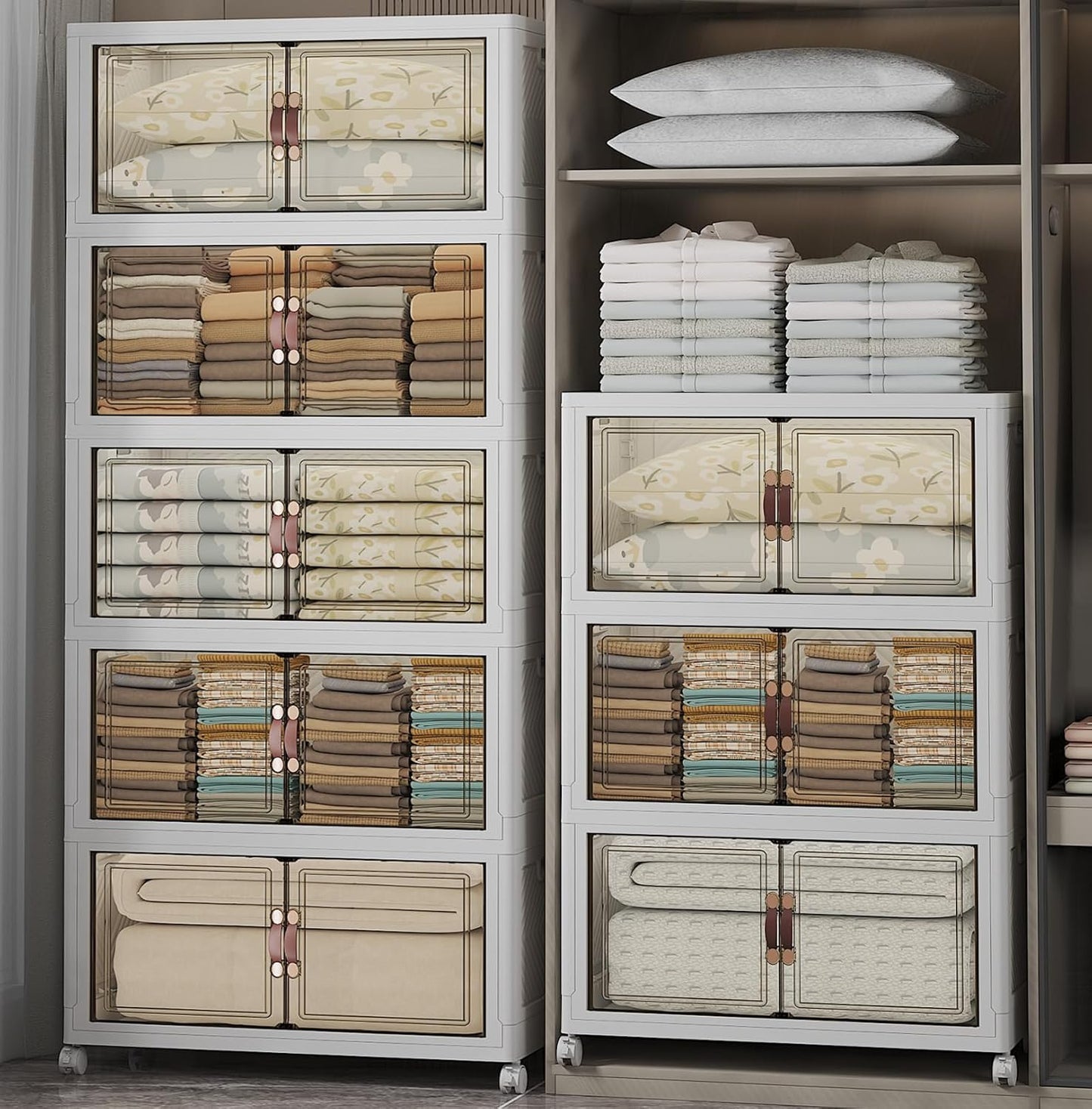 Extra Large Stackable Storage Bins with Lids & Wheels & Door, 1280QT-160QT/40GAL*8Pack Foldable Collapsible Closet Organizers, Plastic containers drawers for bedroom Dorm