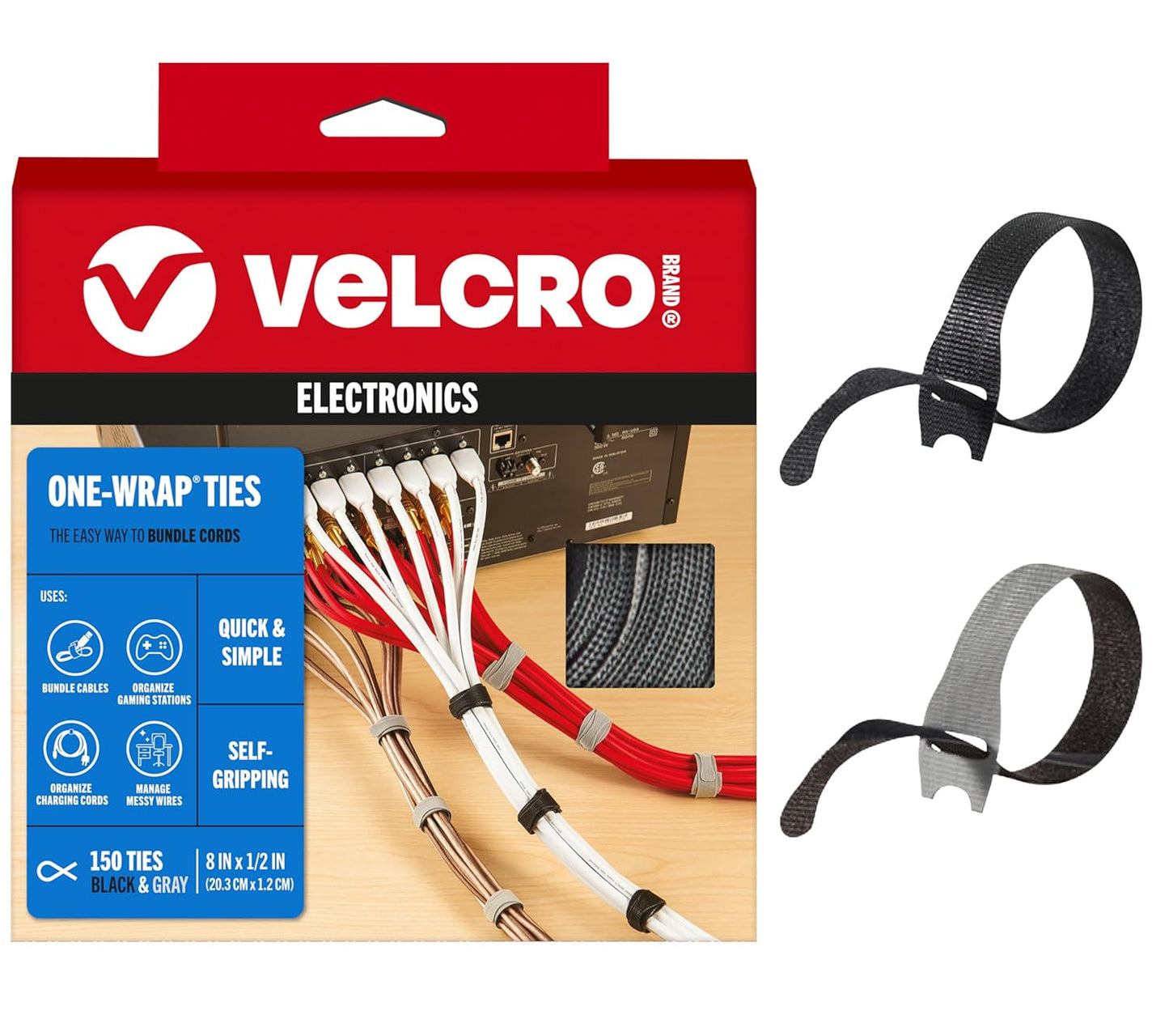 VELCRO Brand 150pk Cable Ties Value Pack, 8in | Stocking Stuffer Gifts for Tech Lovers | For Wire Management and Cord Organizer | Replace Zip Ties with Reusable Straps, Reduce Waste