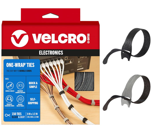 VELCRO Brand 150pk Cable Ties Value Pack, 8in | Stocking Stuffer Gifts for Tech Lovers | For Wire Management and Cord Organizer | Replace Zip Ties with Reusable Straps, Reduce Waste