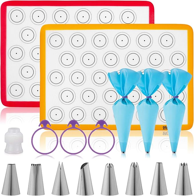 HOTPOP Piping Bags and Tips Set for Macarons - 17-Piece Baking Supplies Kit - Reusable Silicone Pastry Bags - 2 Half-Size Baker Mats - Ideal for Home Pastry Baking (16.5"x11.5")