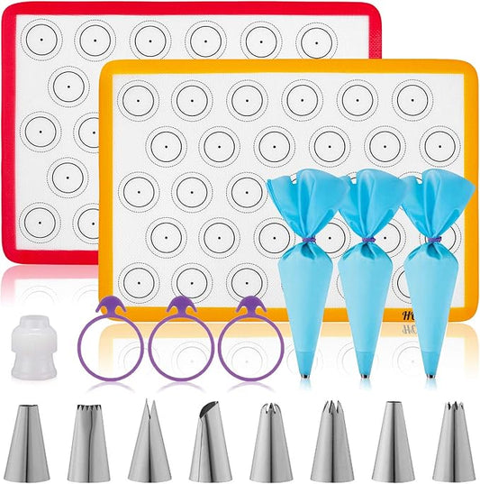 HOTPOP Piping Bags and Tips Set for Macarons - 17-Piece Baking Supplies Kit - Reusable Silicone Pastry Bags - 2 Half-Size Baker Mats - Ideal for Home Pastry Baking (16.5"x11.5")