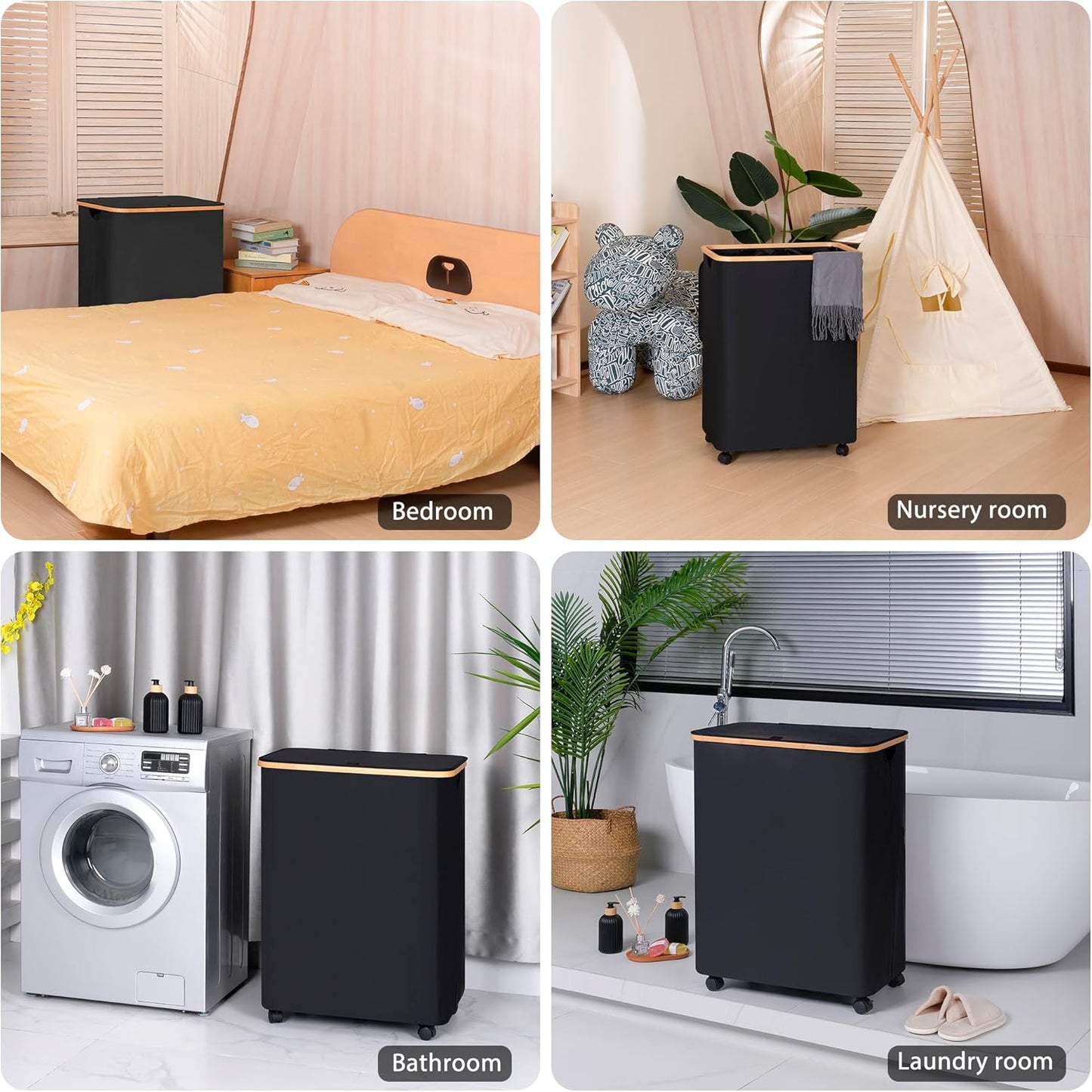 Lagre Laundry Basket with Wheels, Laundry Hamper with Lid, 160L Clothes Hamper for Laundry with 3 Liner Bags, for Laundry Room, Bedroom, Dormitory Organization,Black