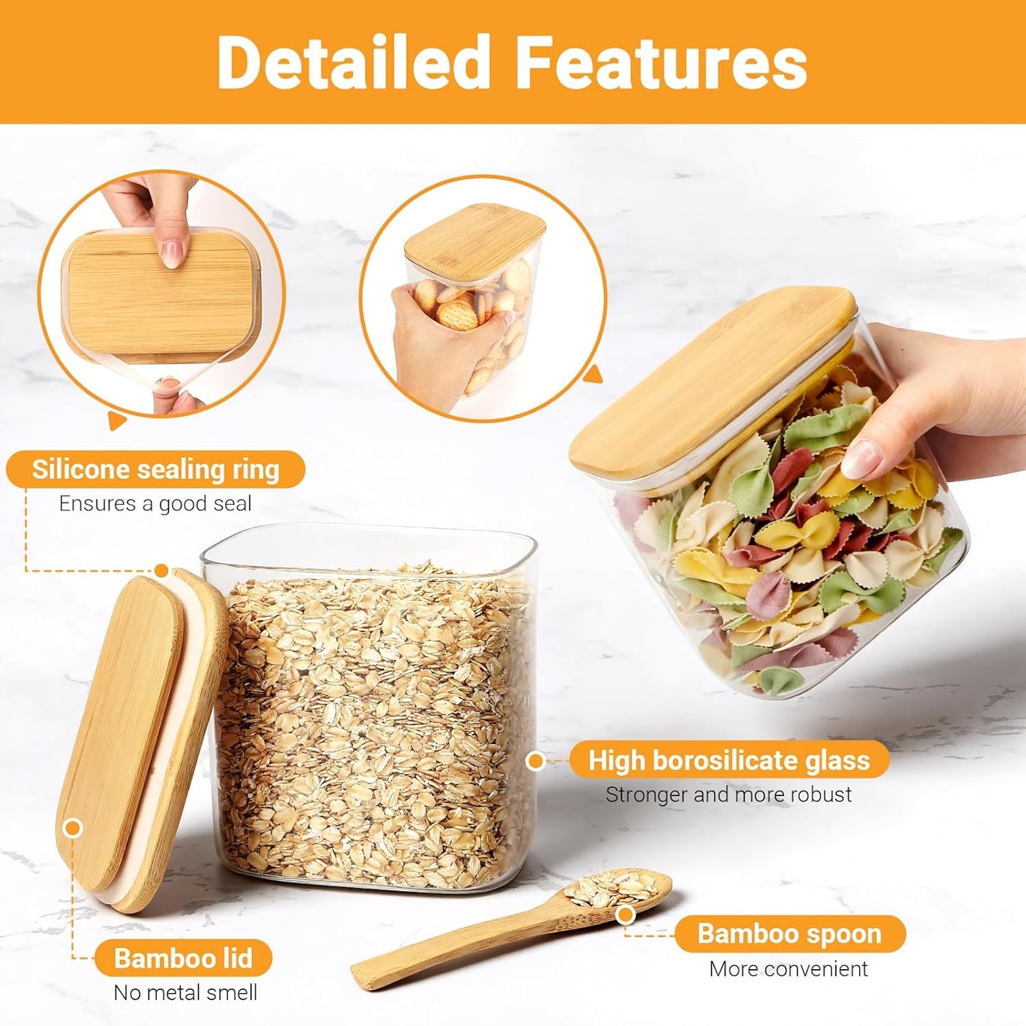 27oz Glass Jars with Lids Set of 2, Rectangle Glass Pantry Storage Containers with Bamboo Lids, Kitchen Cereal Container Clear Food Storage Jars for Sugar, Coffee, Tea, Oat, Candy, Cookie