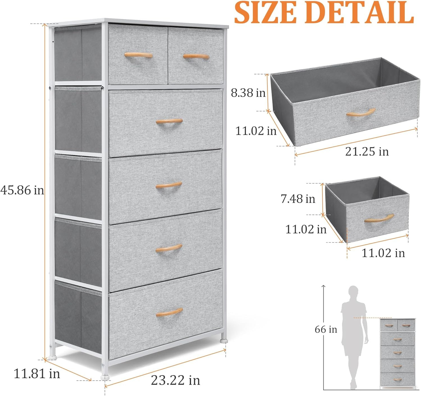 Fabric Dresser for Bedroom, Tall Skinny Dresser with 6 Drawers, Storage Organizer Tower, Steel Frame Wooden Top for Closet, Living Room, Hallway(Light Gray)